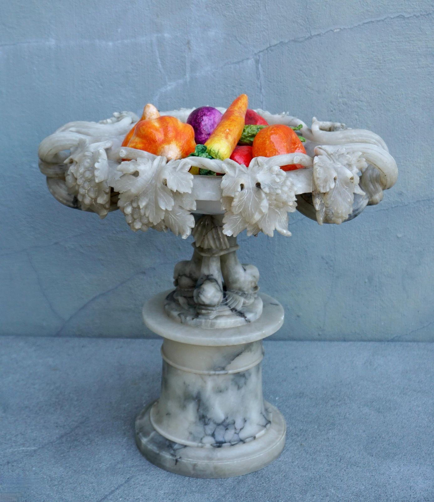 19th Century Italian Carved Alabaster Compote Centerpiece With Dolphins photo for sale