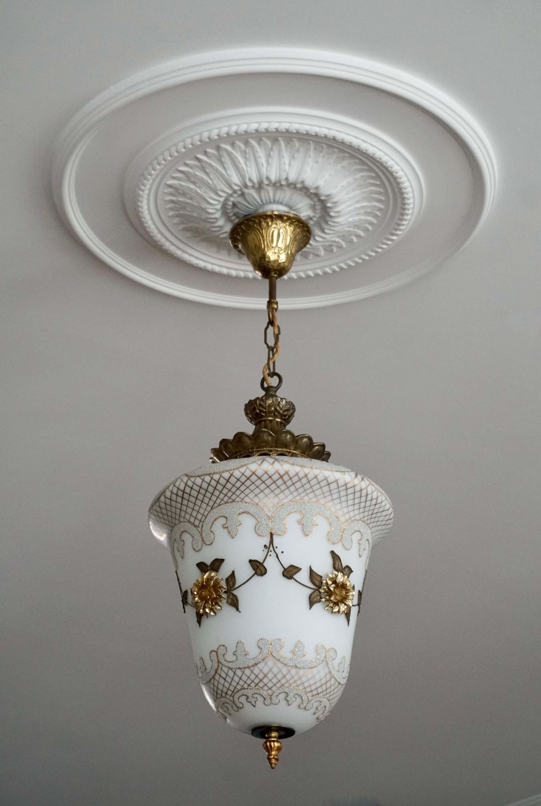 Floral Opaline Glass And Gilt Brass Pendat Light photo for sale