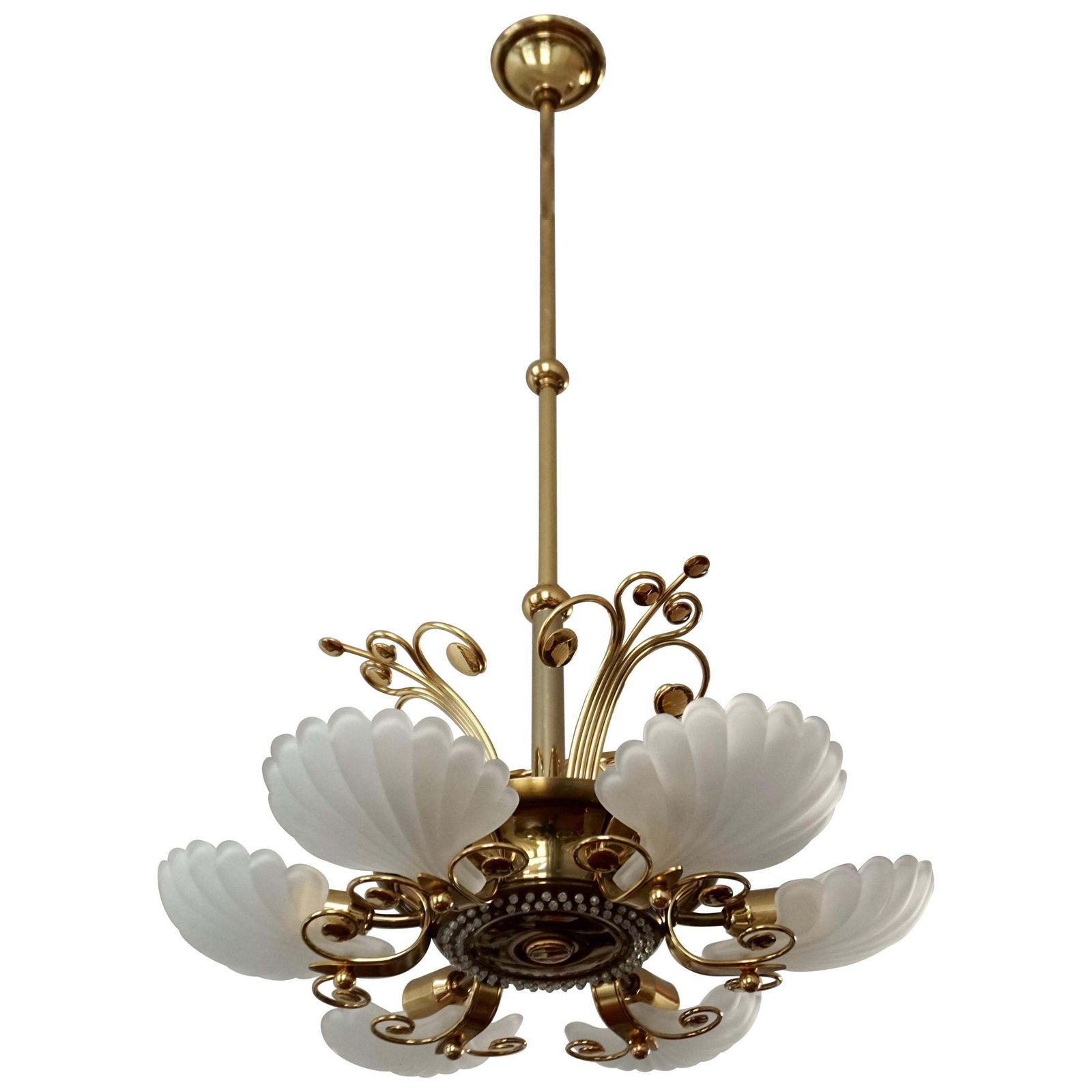 Italian Chandelier In Brass With Murano Glass Shells, 1970s