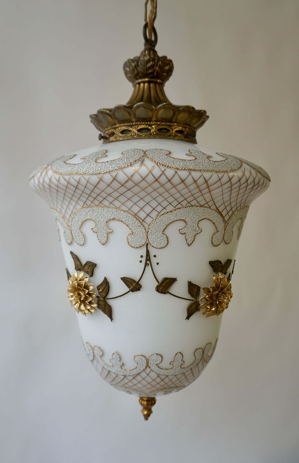 Floral Opaline Glass And Gilt Brass Pendat Light photo buy