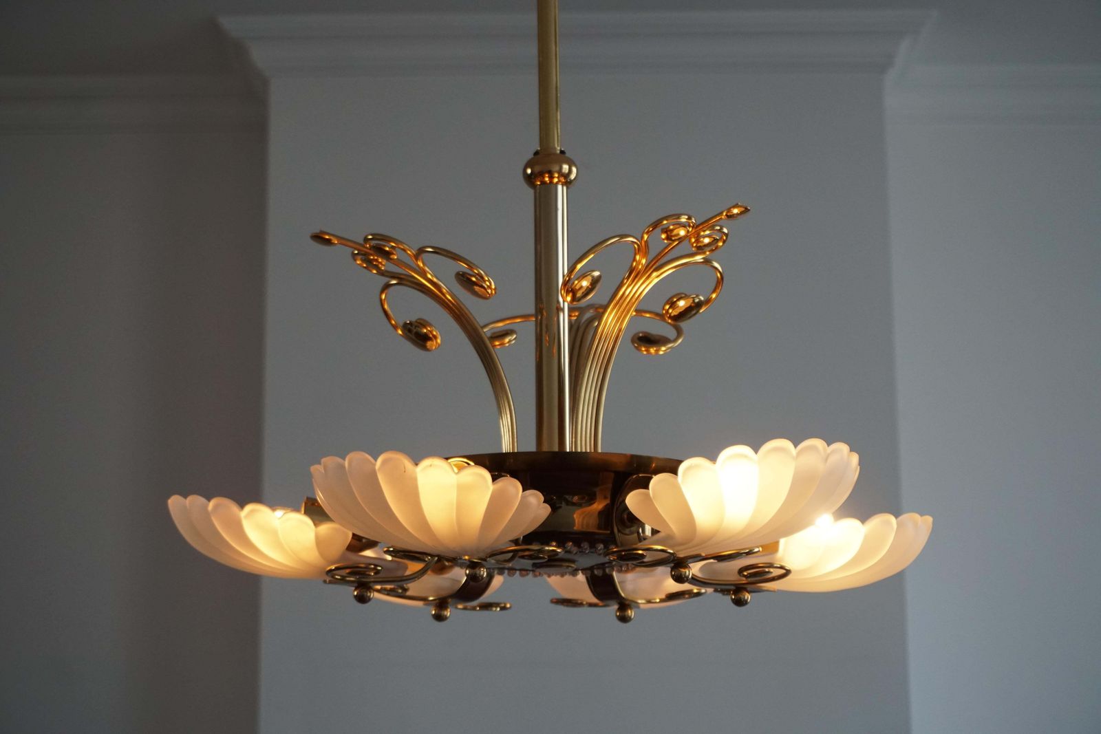 Italian Chandelier In Brass With Murano Glass Shells, 1970s photo vintage