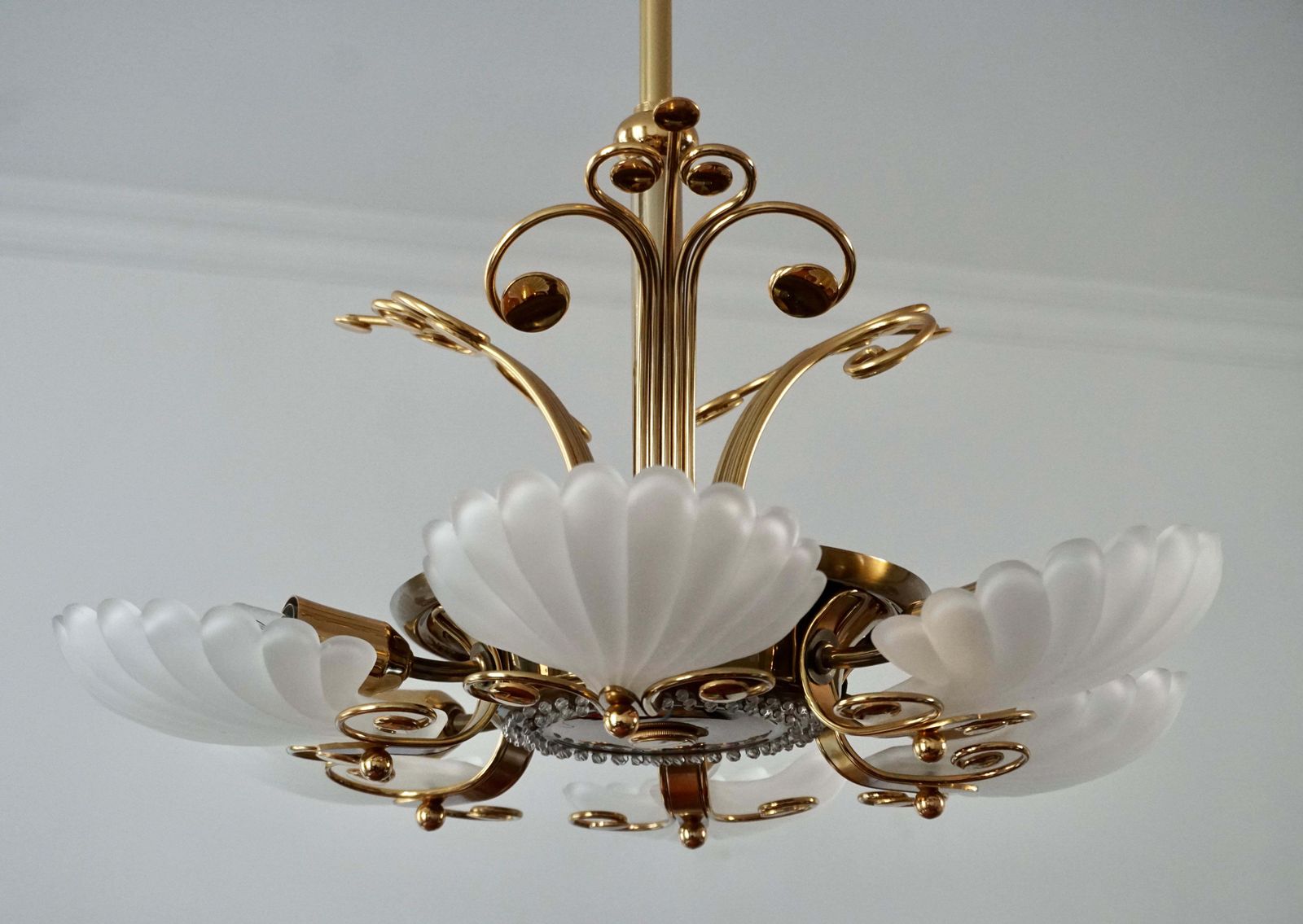 Lighting Italian Chandelier In Brass With Murano Glass Shells, 1970s photo