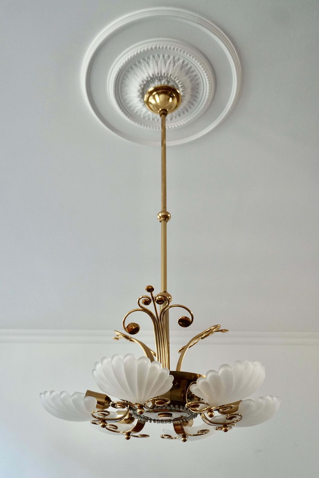 1702.0 Italian Chandelier In Brass With Murano Glass Shells, 1970s photo