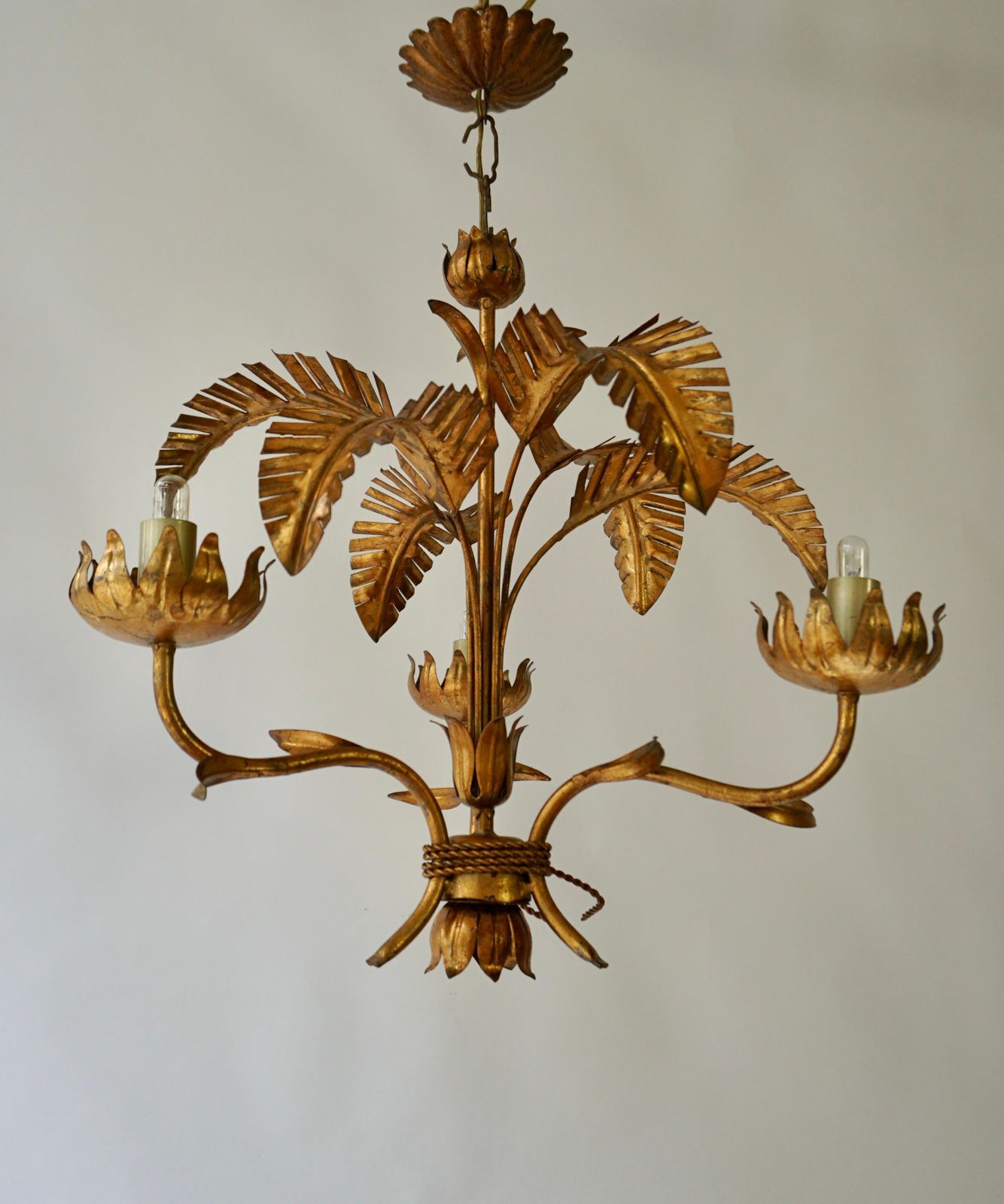 Mid Century Gilt Metal Palm Leaf Chandelier, 1970s photo furniture