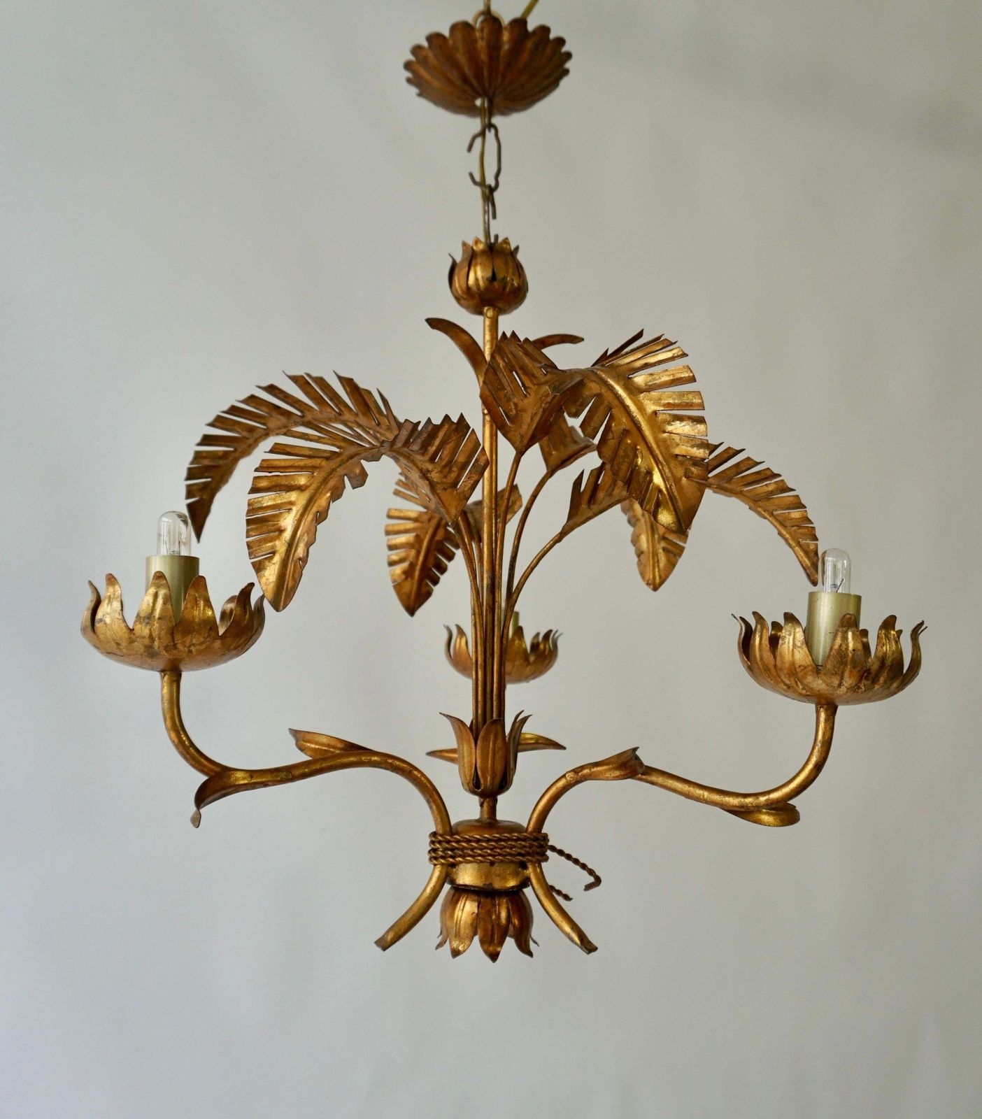 Mid Century Gilt Metal Palm Leaf Chandelier, 1970s photo buy