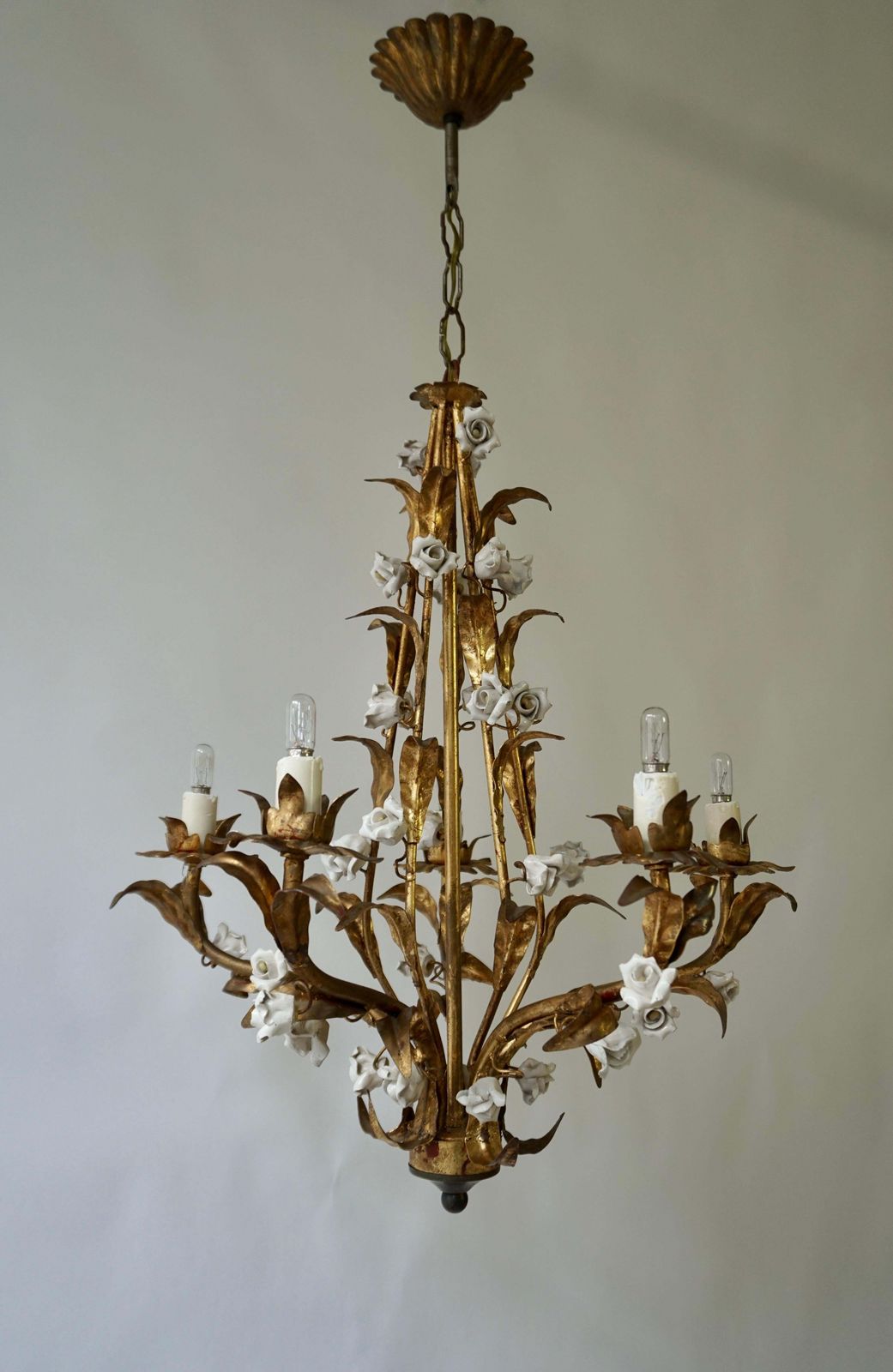 One Italian Brass And Ceramic White And Pink Roses Tole Chandelier photo furniture