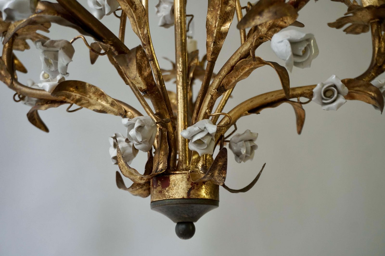 One Italian Brass And Ceramic White And Pink Roses Tole Chandelier photo vinterior
