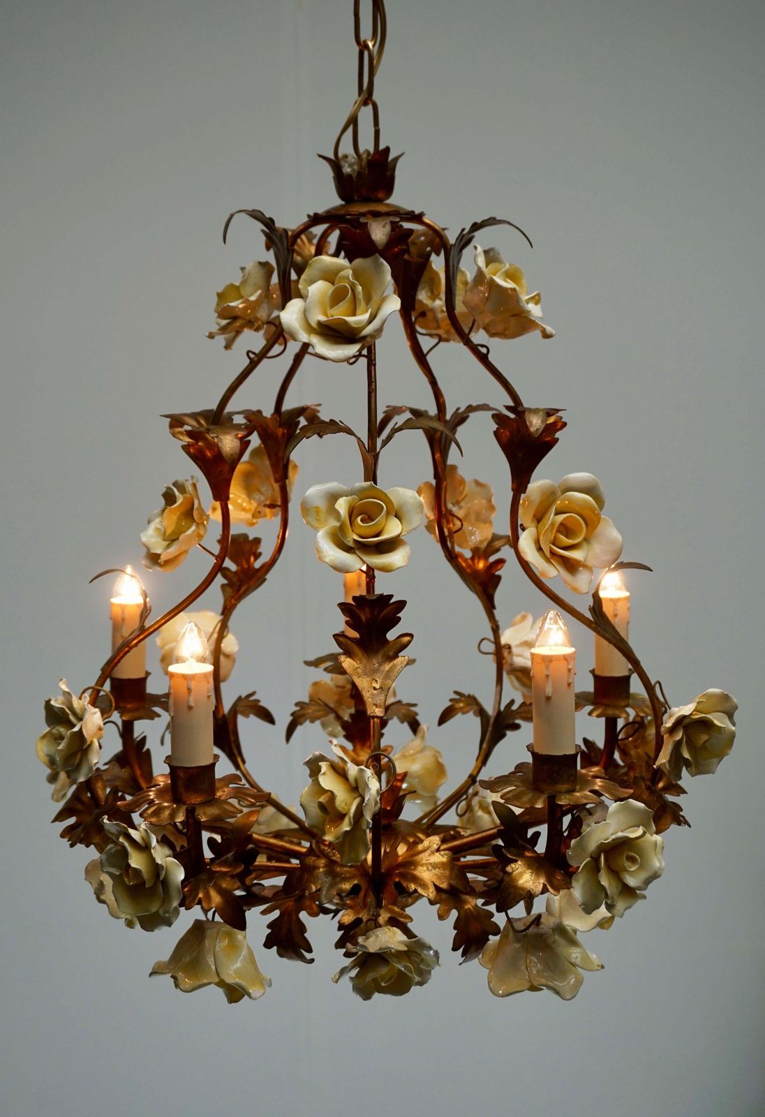 Italian Brass Tole Chandelier With Yellow Porcelain Flowers photo Lighting