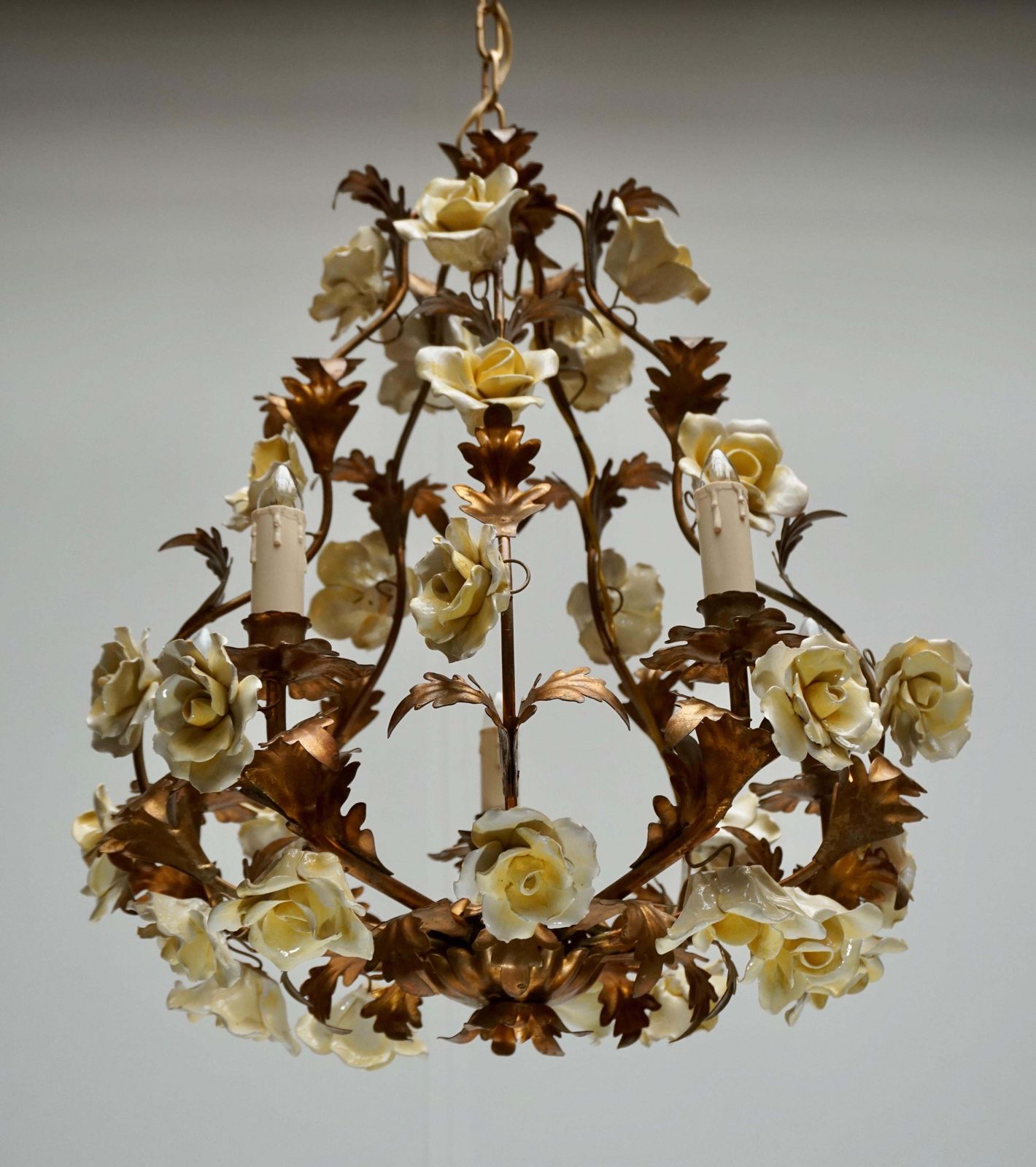photo for sale Italian Brass Tole Chandelier With Yellow Porcelain Flowers