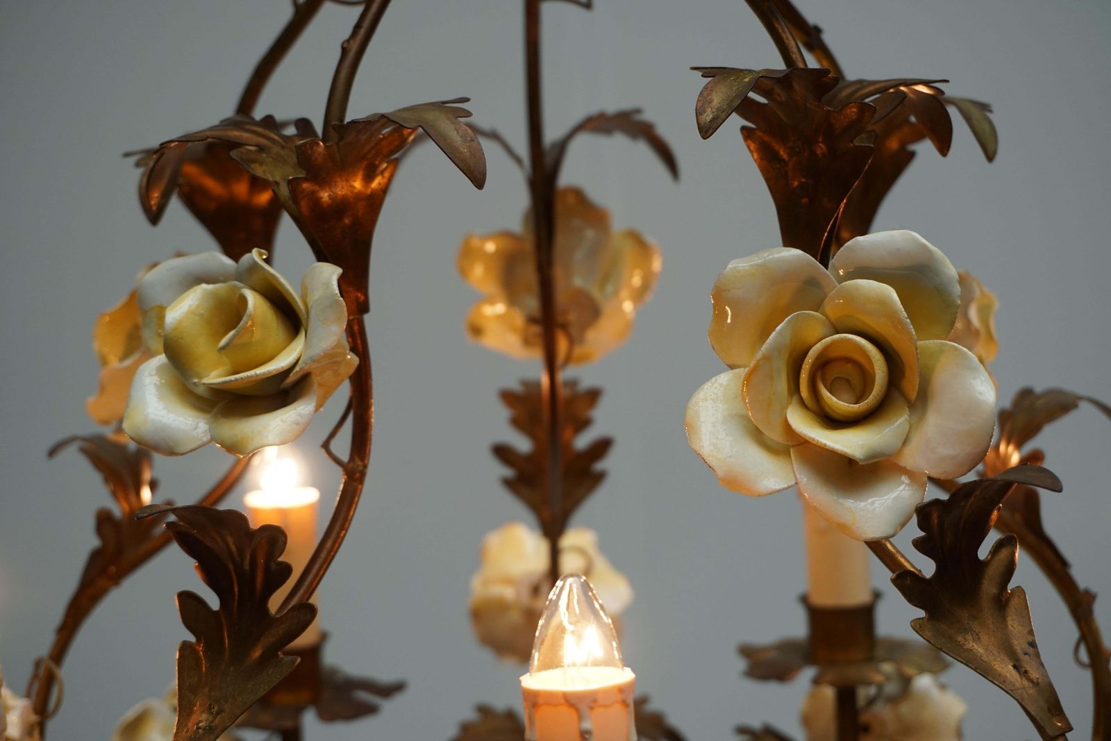 photo buy Italian Brass Tole Chandelier With Yellow Porcelain Flowers