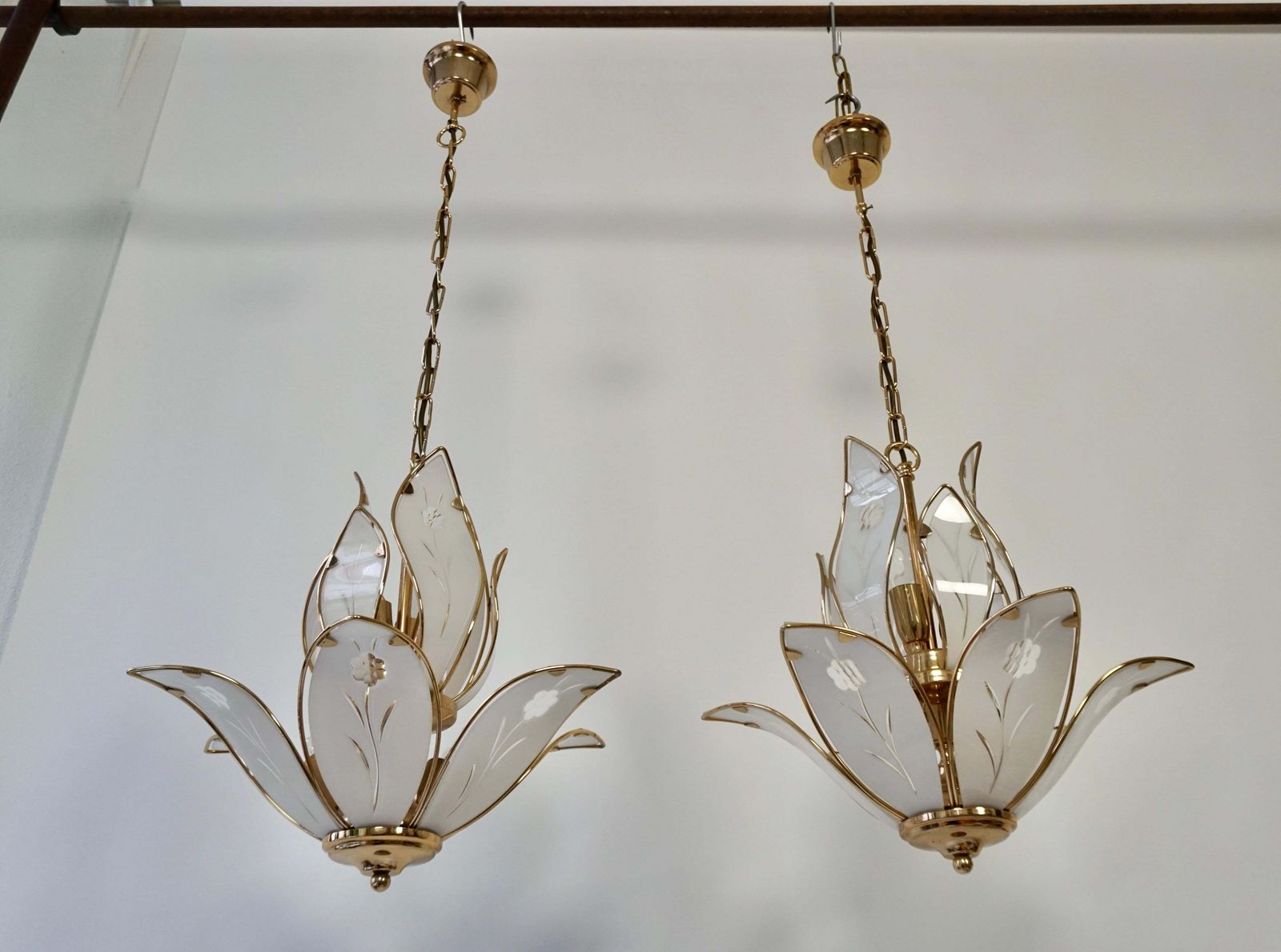Three Lotus Flower And Brass Glass Chandeliers photo for sale