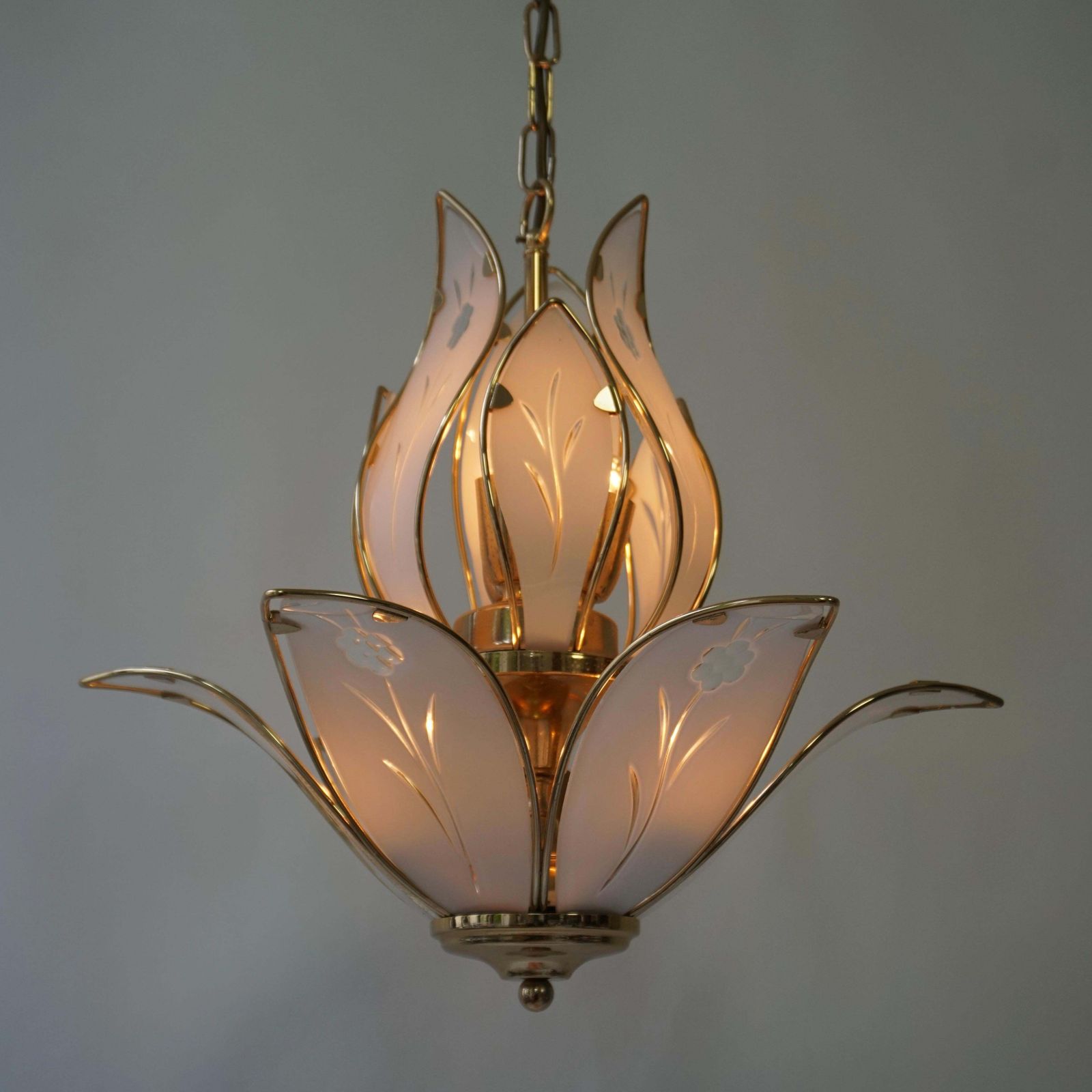 Three Lotus Flower And Brass Glass Chandeliers photo vinterior