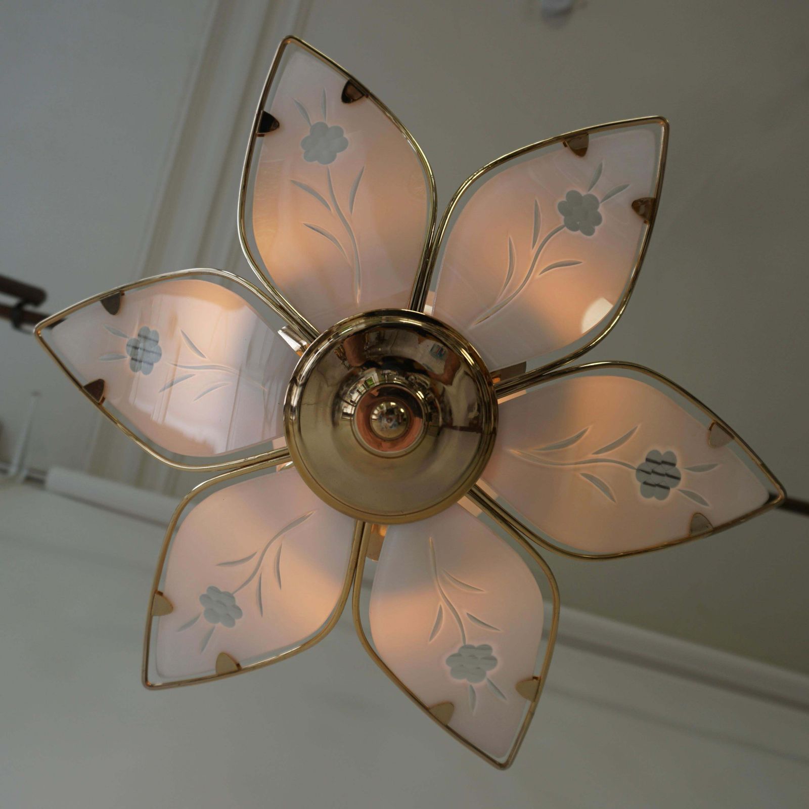 Three Lotus Flower And Brass Glass Chandeliers photo vintage