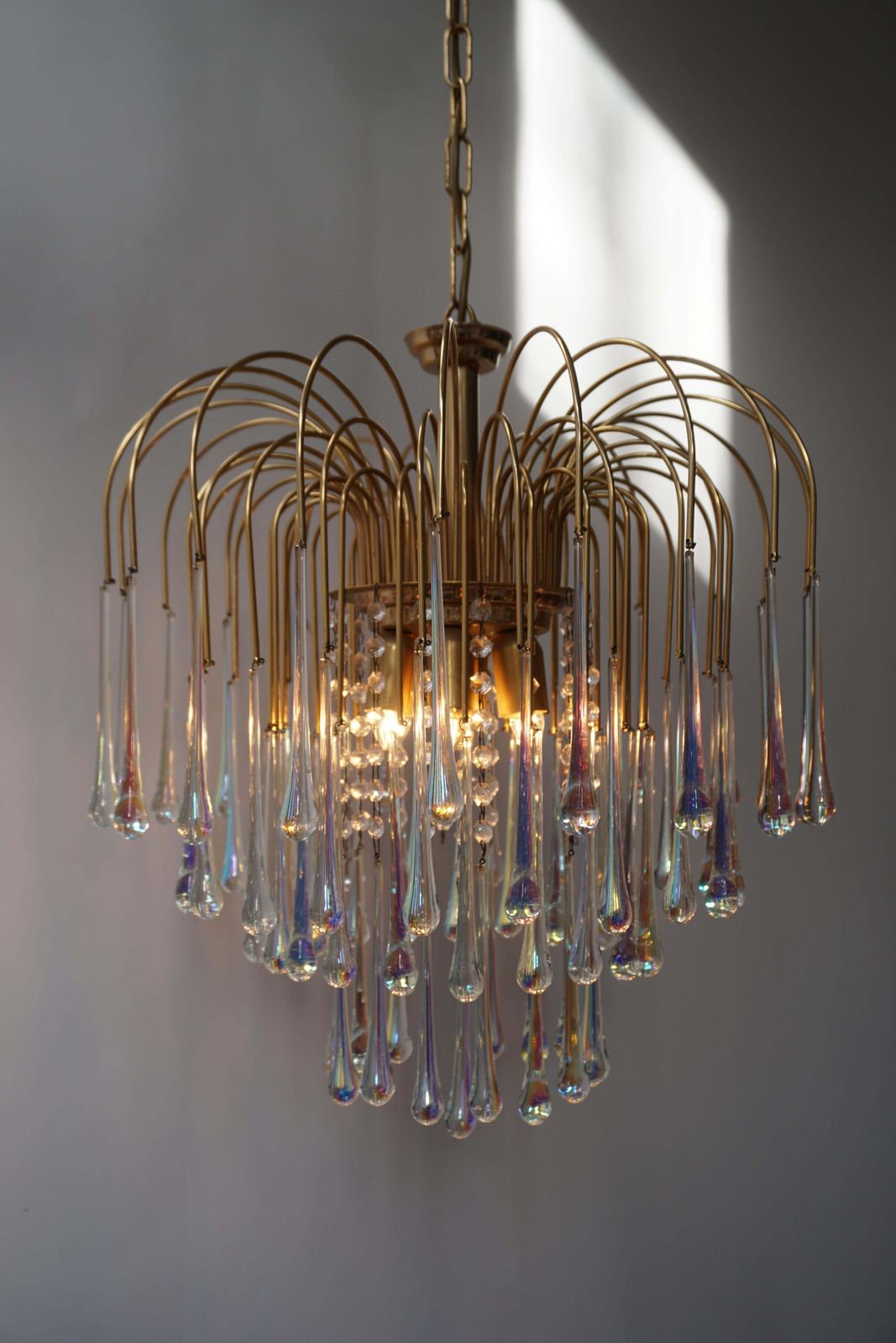 Lighting Italian Iridescent Murano Crystal Teardrop Waterfall Chandelier, 1950s photo