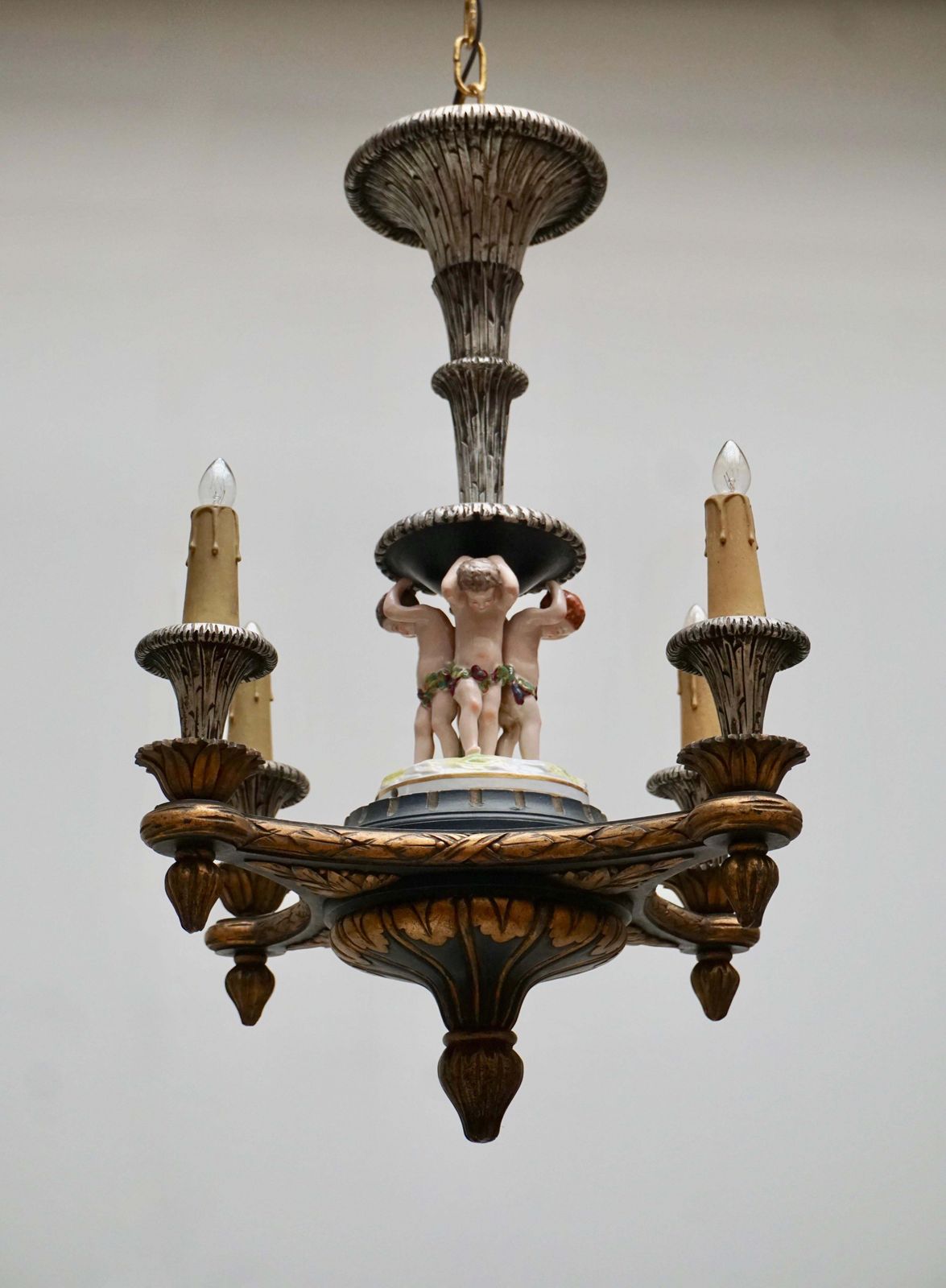 Italian Hand Carved Chandelier With Porcelain Putti photo for sale