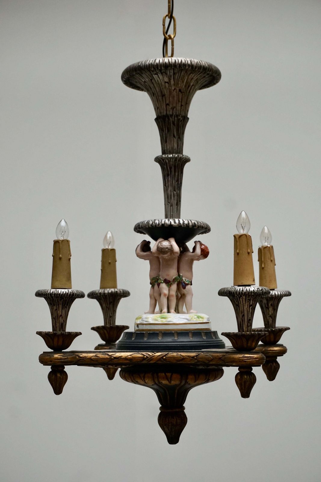 Italian Hand Carved Chandelier With Porcelain Putti photo Lighting