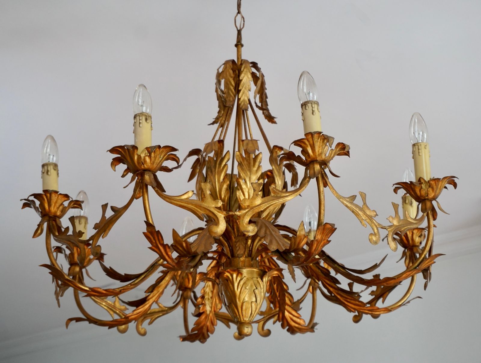 Large Italian Chandelier Pendant Light, Gilt Metal, 1970s photo for sale
