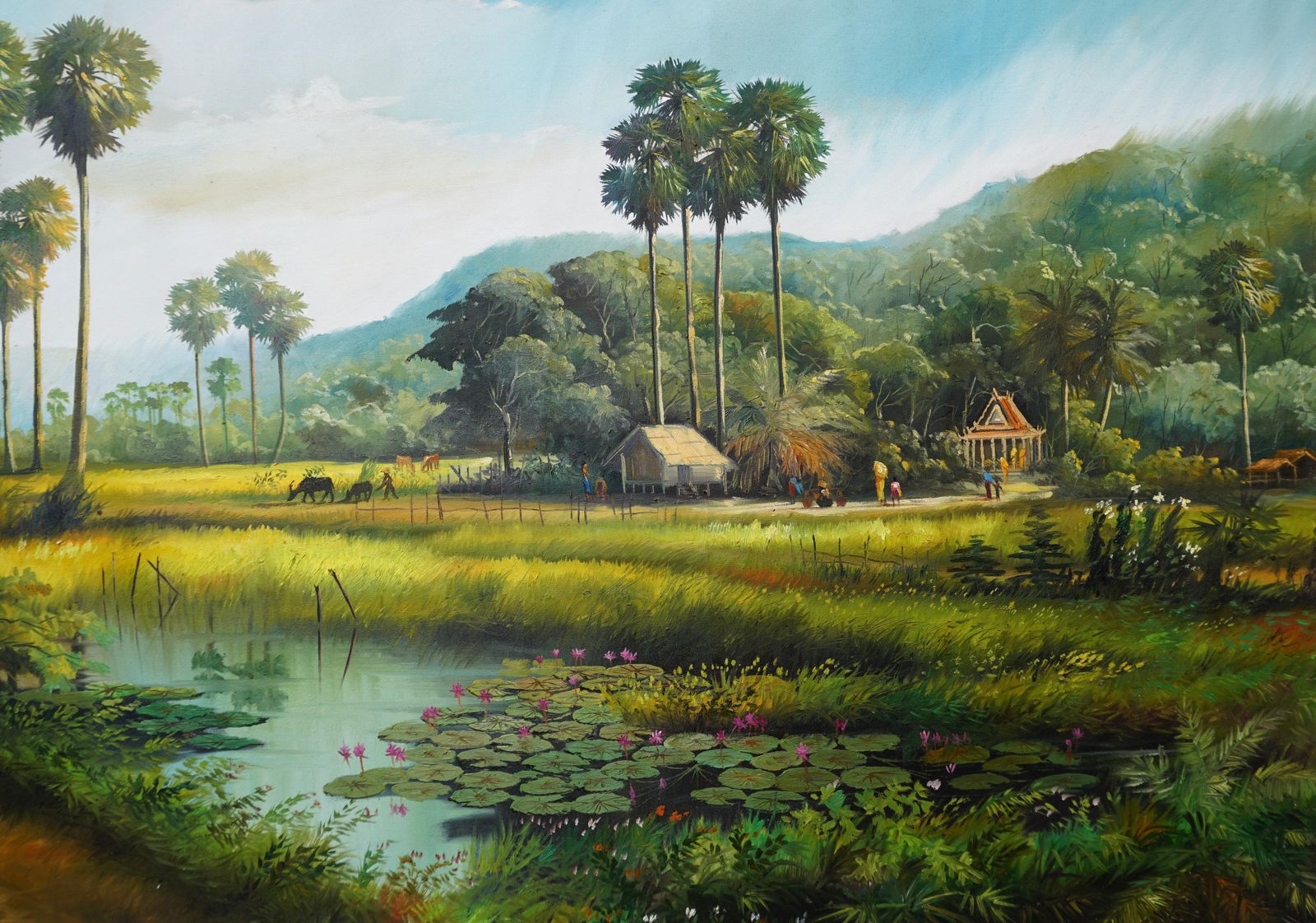 Large Thai Village And Landscape Painting By Cheat Sakda photo furniture