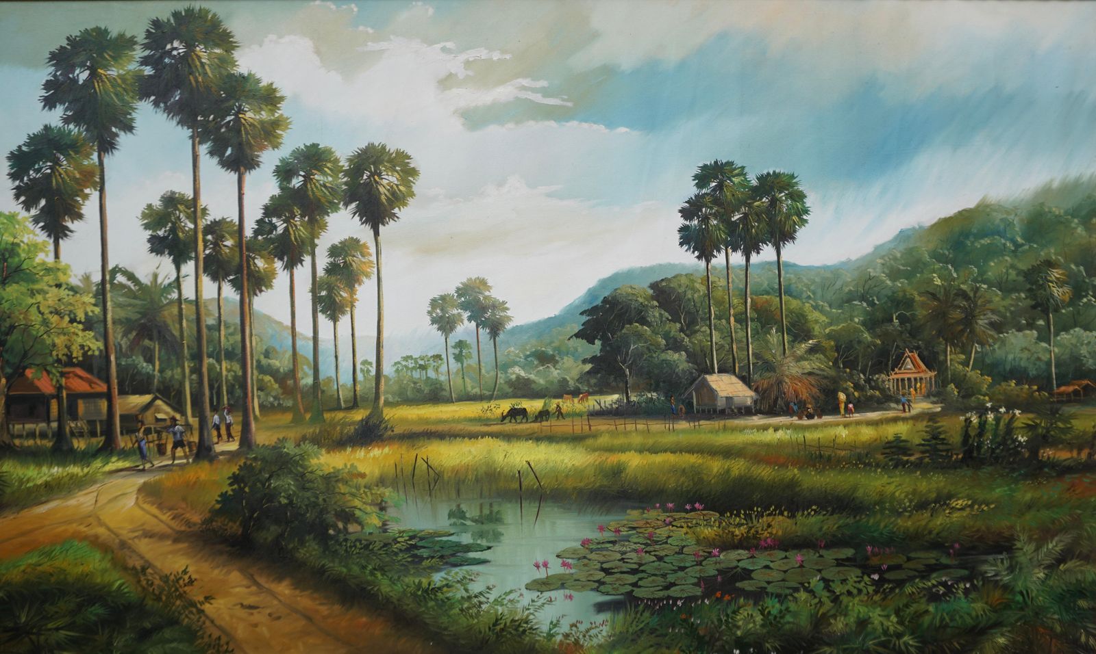 Large Thai Village And Landscape Painting By Cheat Sakda photo for sale