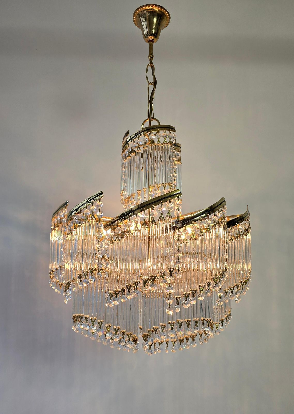 Spectacular Italian Chandelier – Undulating Elegance In Glass And Brass, 1970s photo vintage