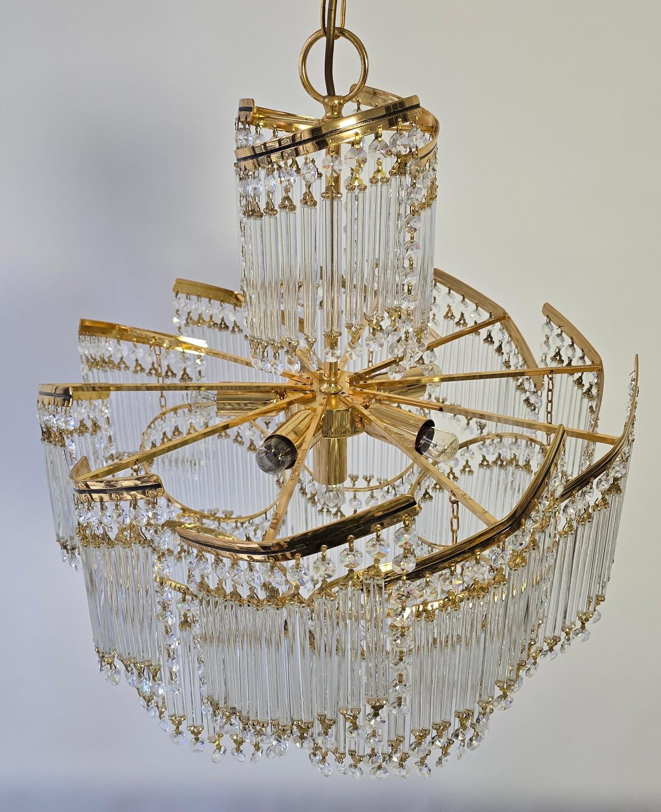 Lighting Spectacular Italian Chandelier – Undulating Elegance In Glass And Brass, 1970s photo
