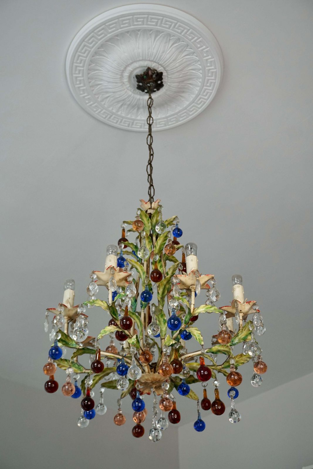 Italian Venetian Painted Metal Eight Light Chandelier With Murano Glass photo furniture