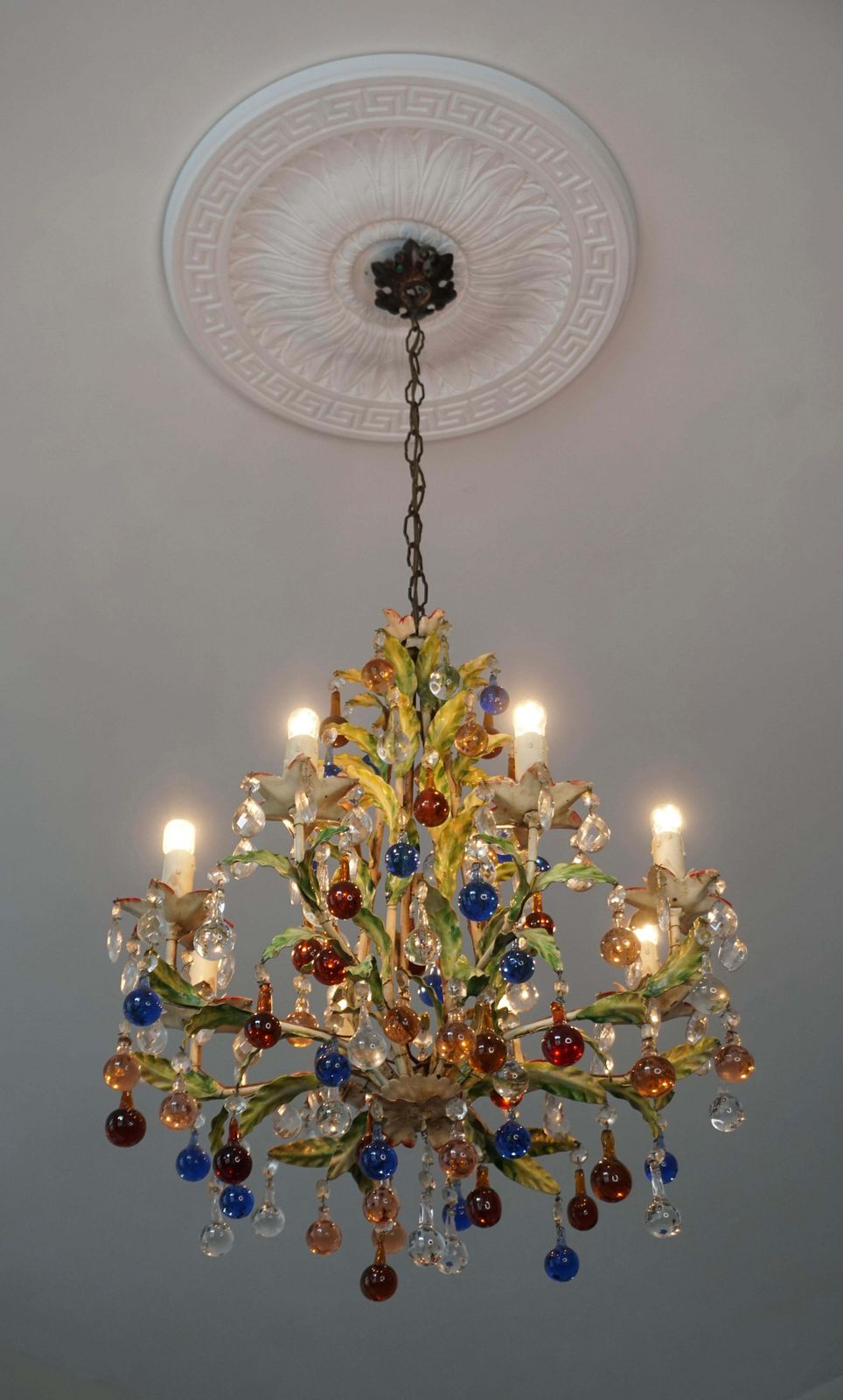 Italian Venetian Painted Metal Eight Light Chandelier With Murano Glass photo for sale