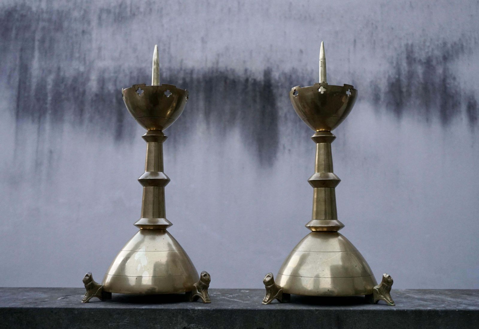 Pair Of Gilt Bronze Gothic Revival Altar Pricket Candlesticks W. Lion Sculptures photo Home Decor