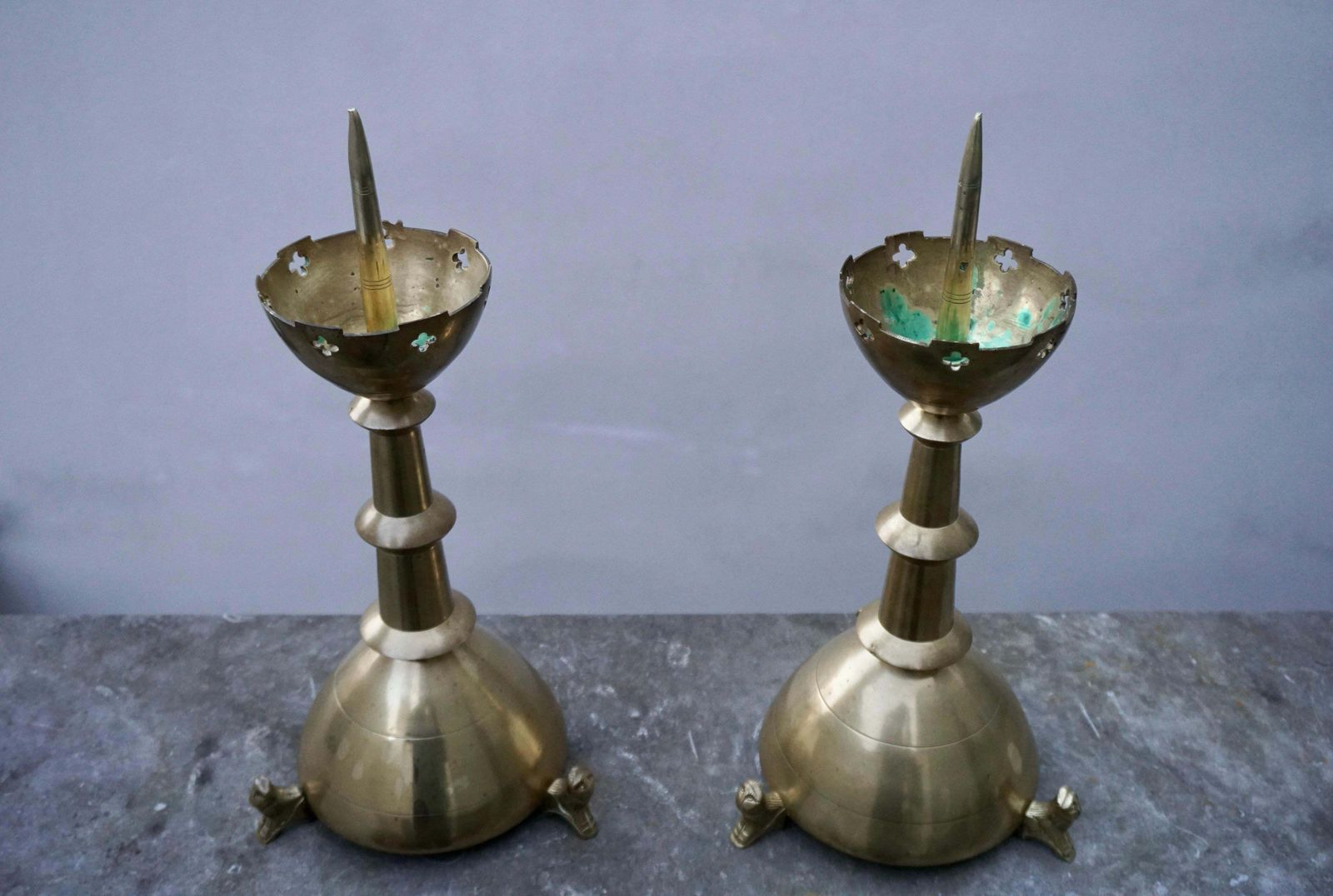 Pair Of Gilt Bronze Gothic Revival Altar Pricket Candlesticks W. Lion Sculptures photo buy