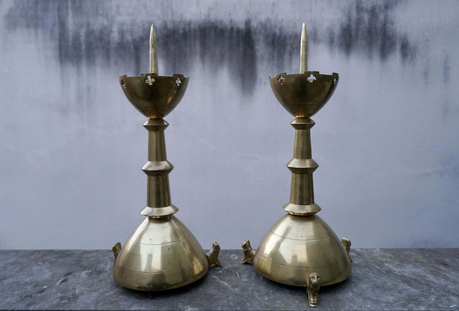 Pair Of Gilt Bronze Gothic Revival Altar Pricket Candlesticks W. Lion Sculptures photo vintage