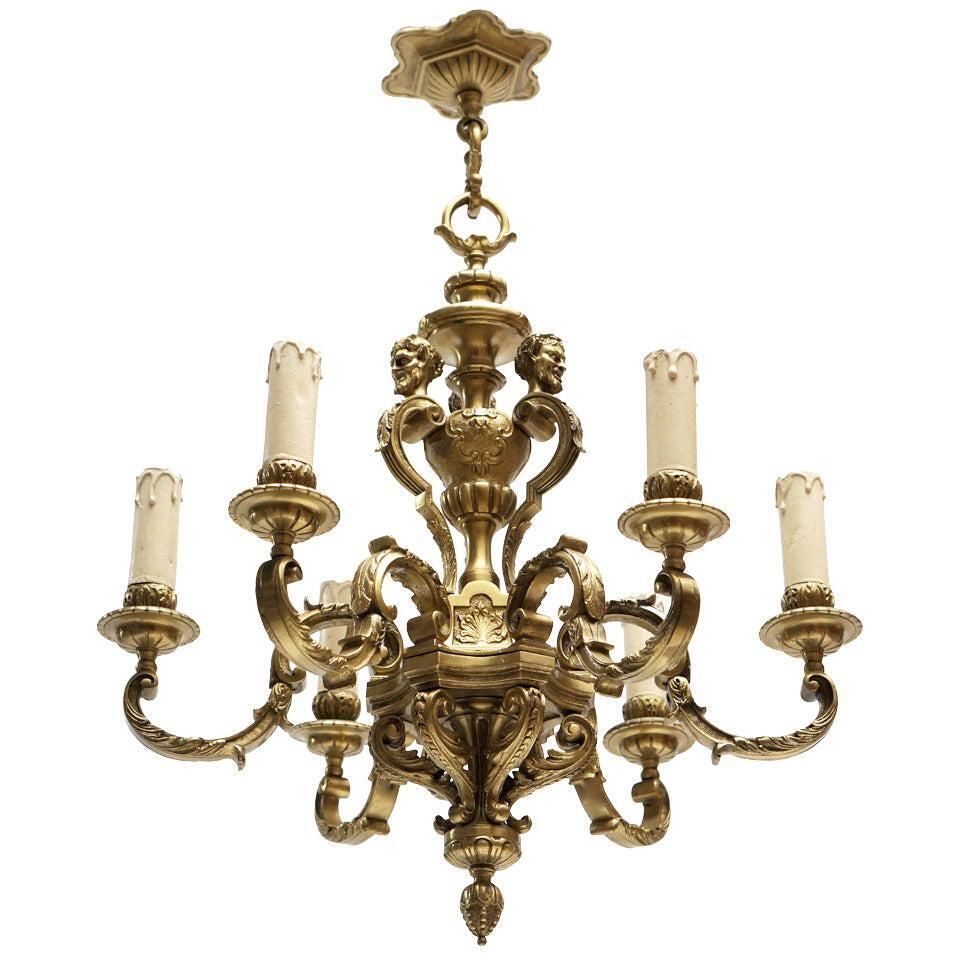 French 20th Century Gilded Bronze Six Light Antique Mazarin Chandelier