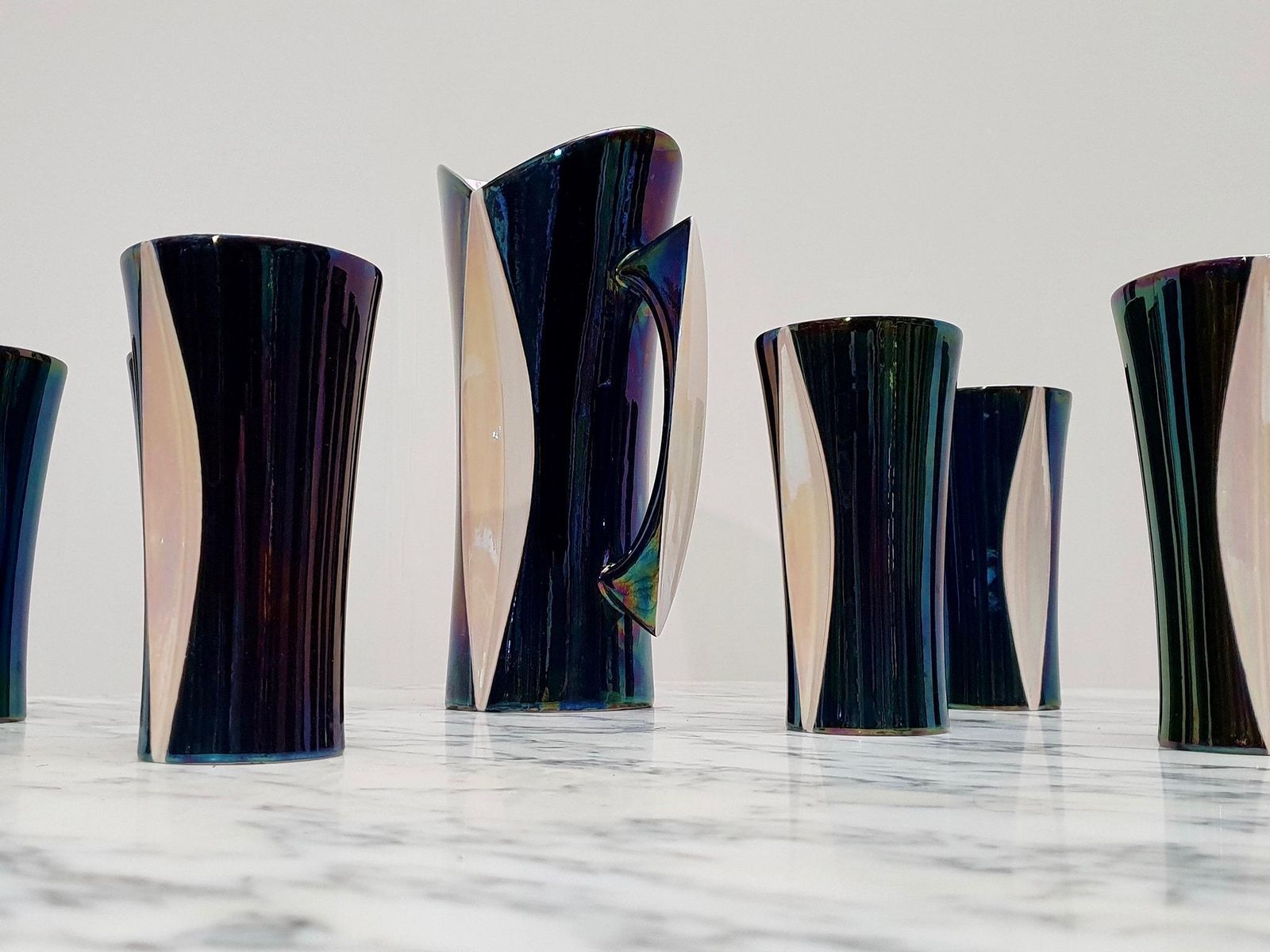 Home Decor Mid 20th Century Iridescent Ceramic Drinks Set Of 9 Made In France, 1970s photo