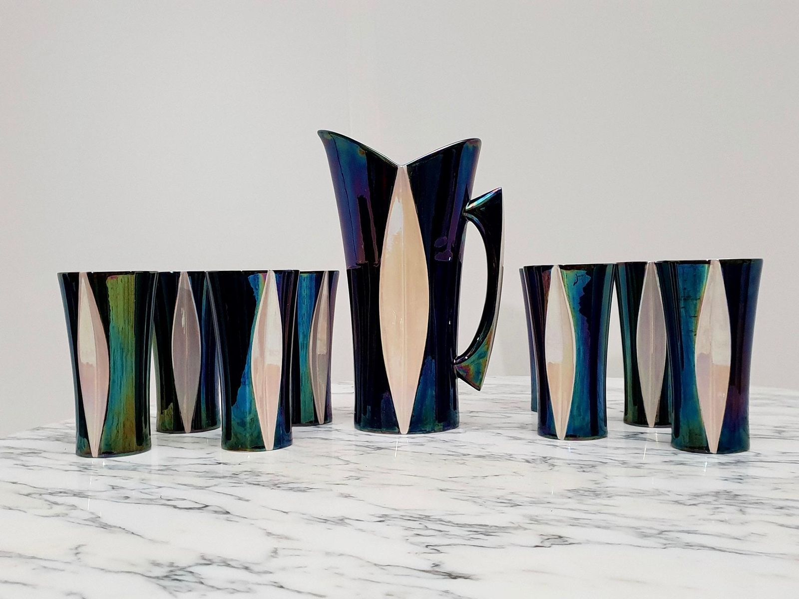 photo vinterior Mid 20th Century Iridescent Ceramic Drinks Set Of 9 Made In France, 1970s