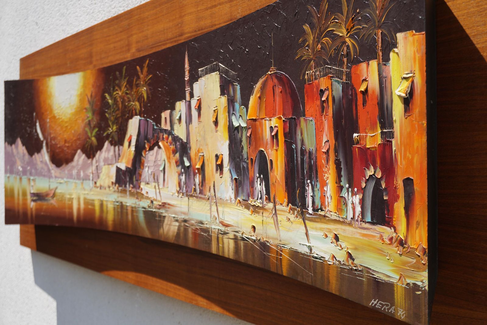 Colorful Painting With Arabic Landscape And Palm Trees   Signed Hera, 1970 photo vintage