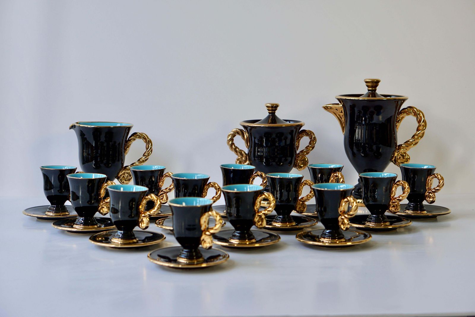 Marius Giuge Fine Gilded Ceramic Tea And Coffee Set, Vallauris, Circa 1960s photo vinterior