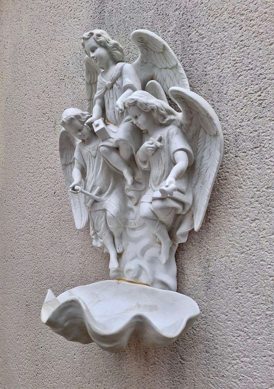 Antique Large Bisque Porcelain Holy Water Font With Angels photo for sale