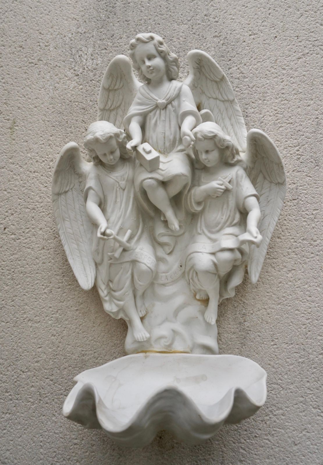 Antique Large Bisque Porcelain Holy Water Font With Angels photo vintage