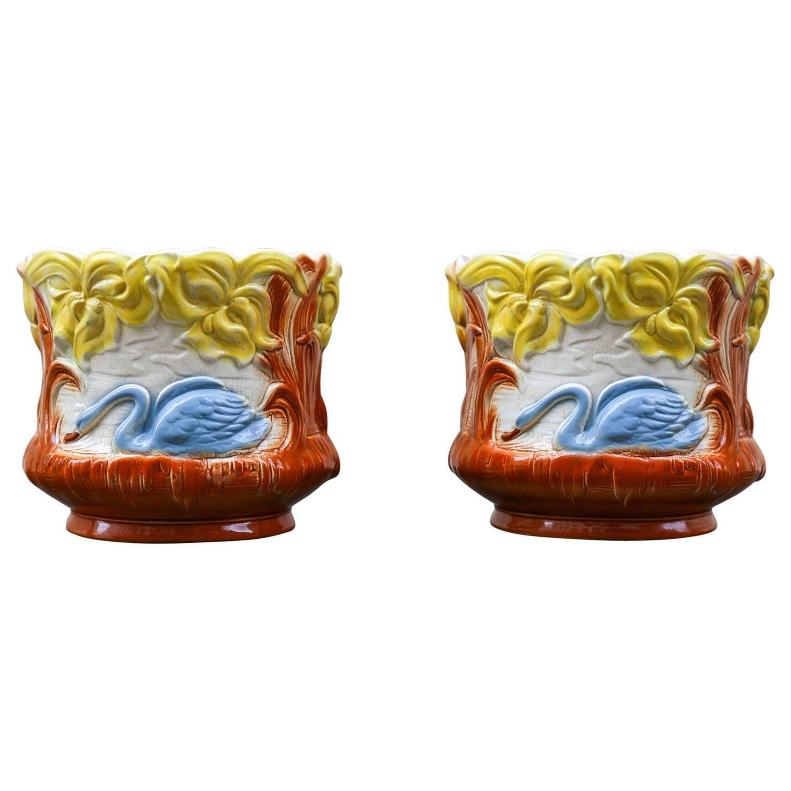 Pair Art Nouveau Swan Planters Jardinieres, Majolica, Early 20th Century, France