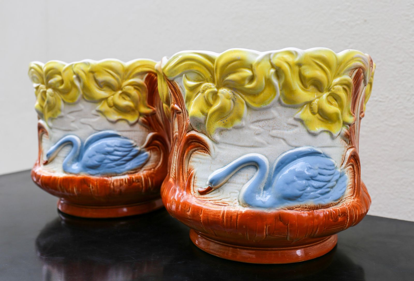 Pair Art Nouveau Swan Planters Jardinieres, Majolica, Early 20th Century, France photo furniture