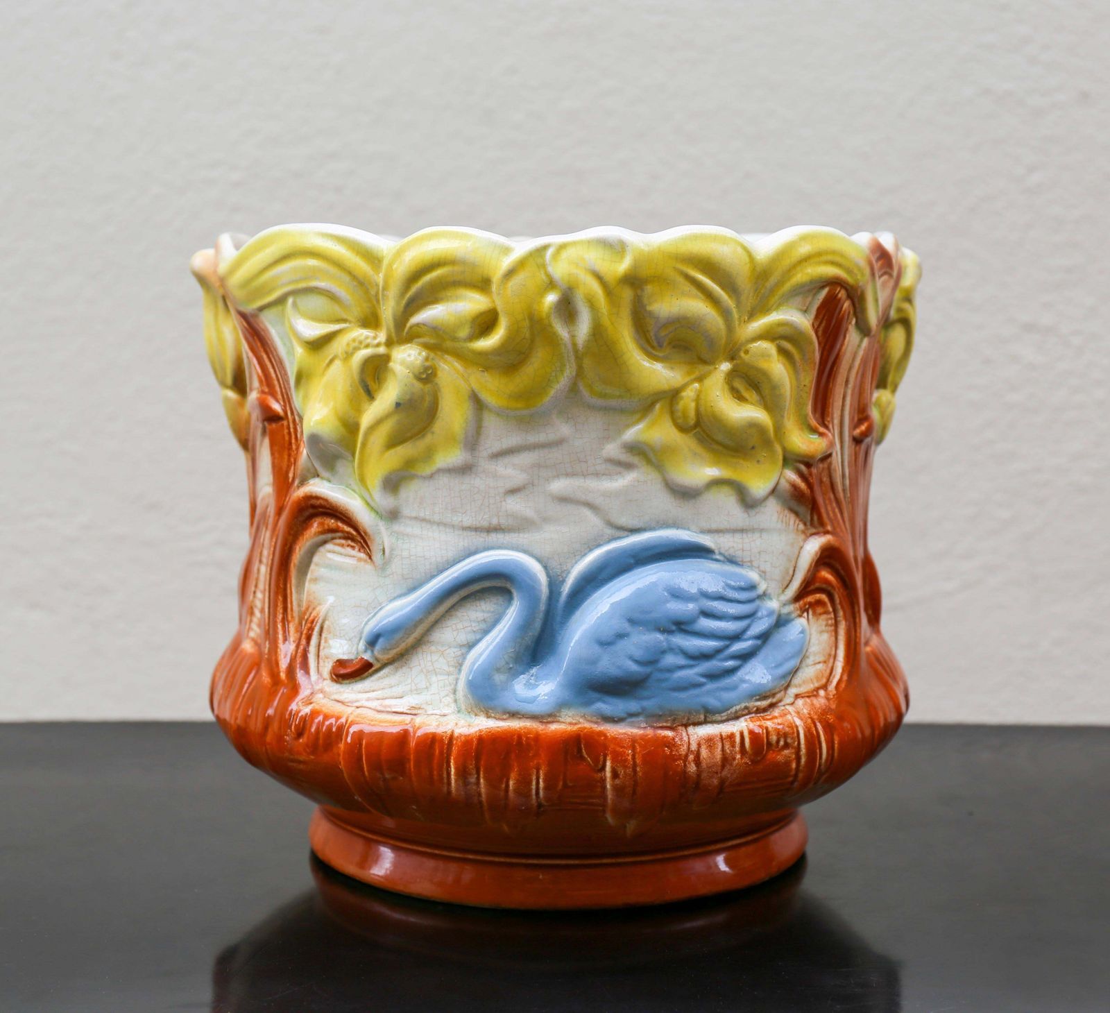 Pair Art Nouveau Swan Planters Jardinieres, Majolica, Early 20th Century, France photo Garden Decor