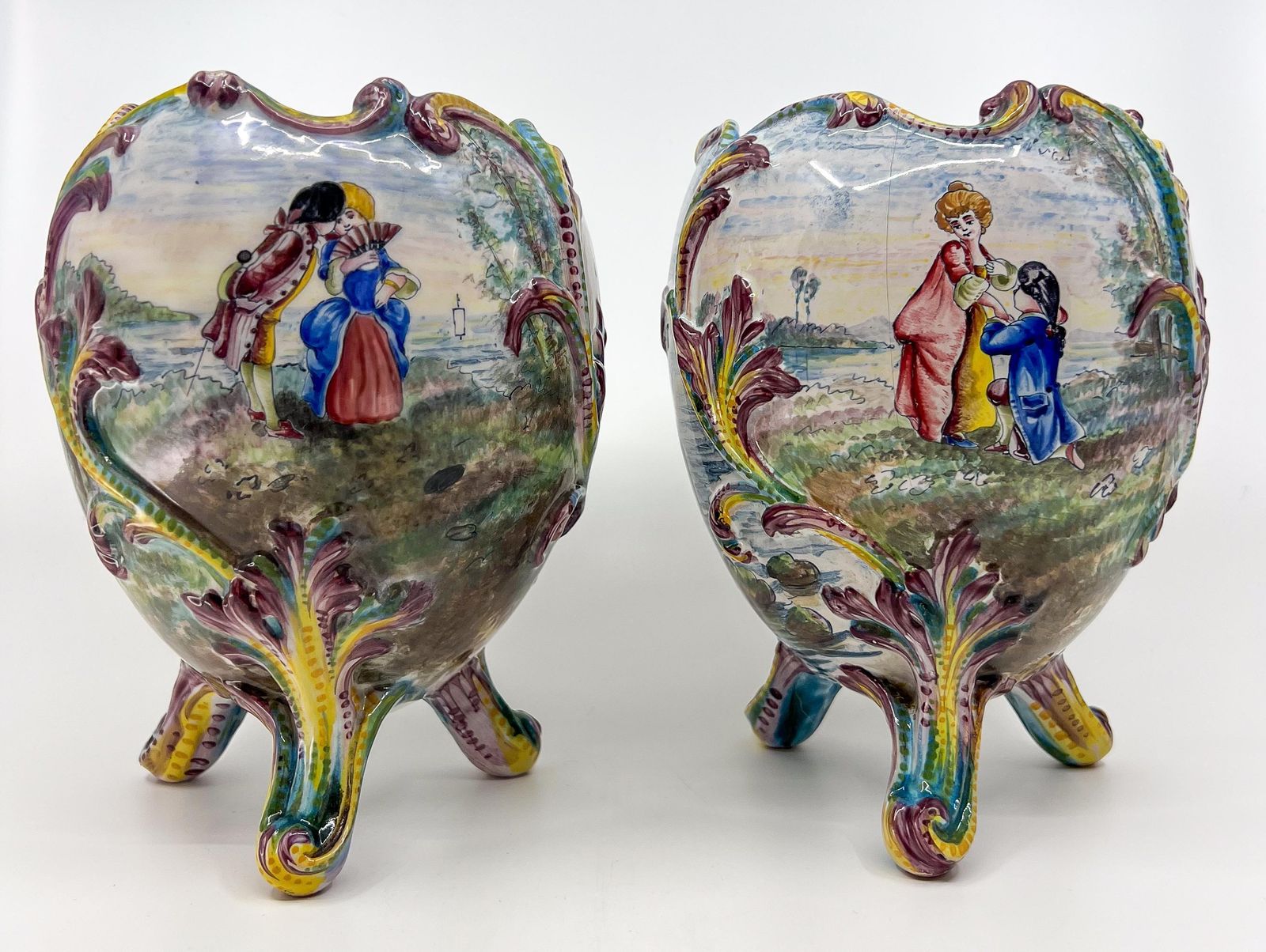 Pair Of Belle Epoque Porcelain Painted Jardinieres With Romantic Scenes photo furniture