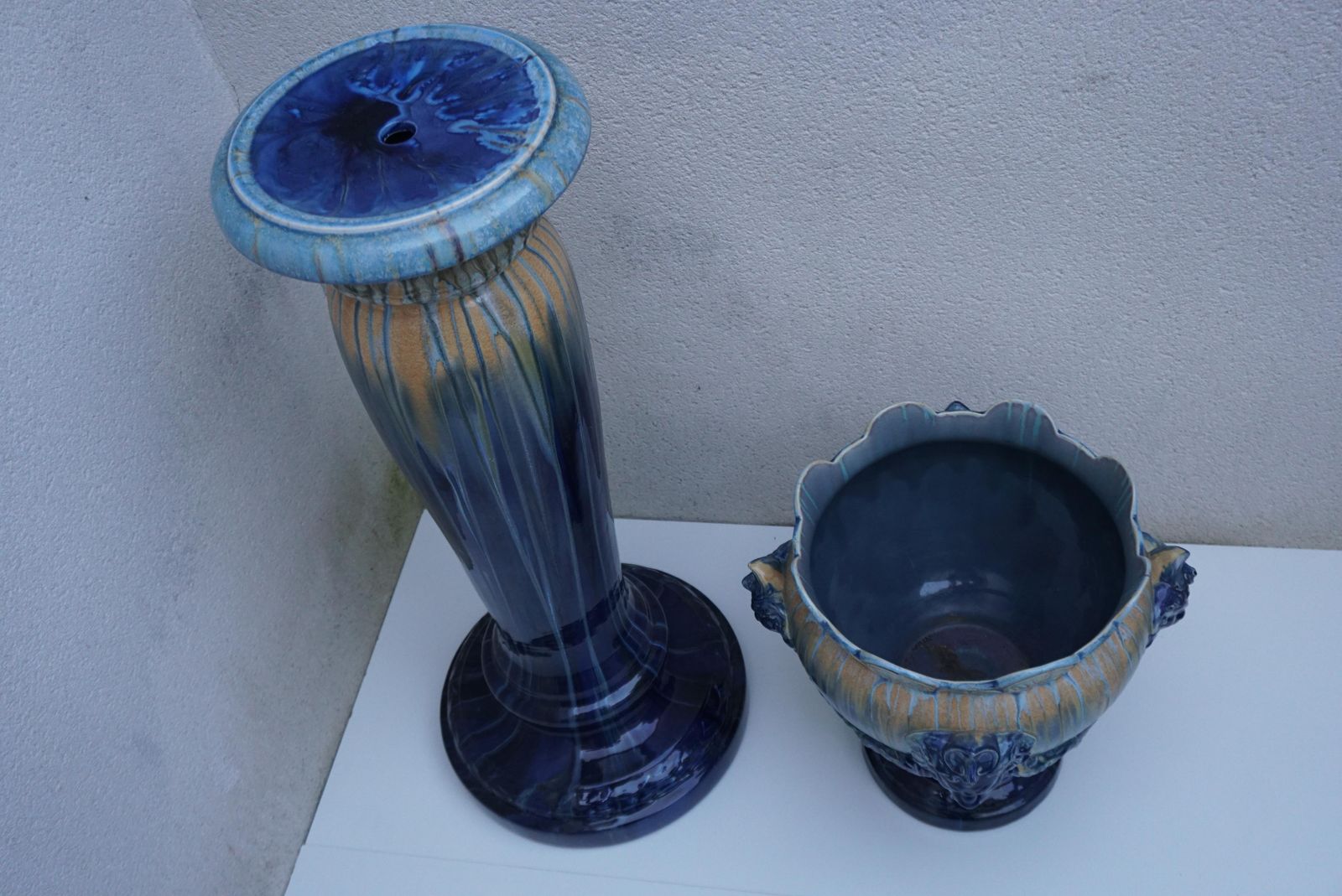 A Jardiniere On Column With Lion Head Decor In Flemish Earthenware Style photo vintage