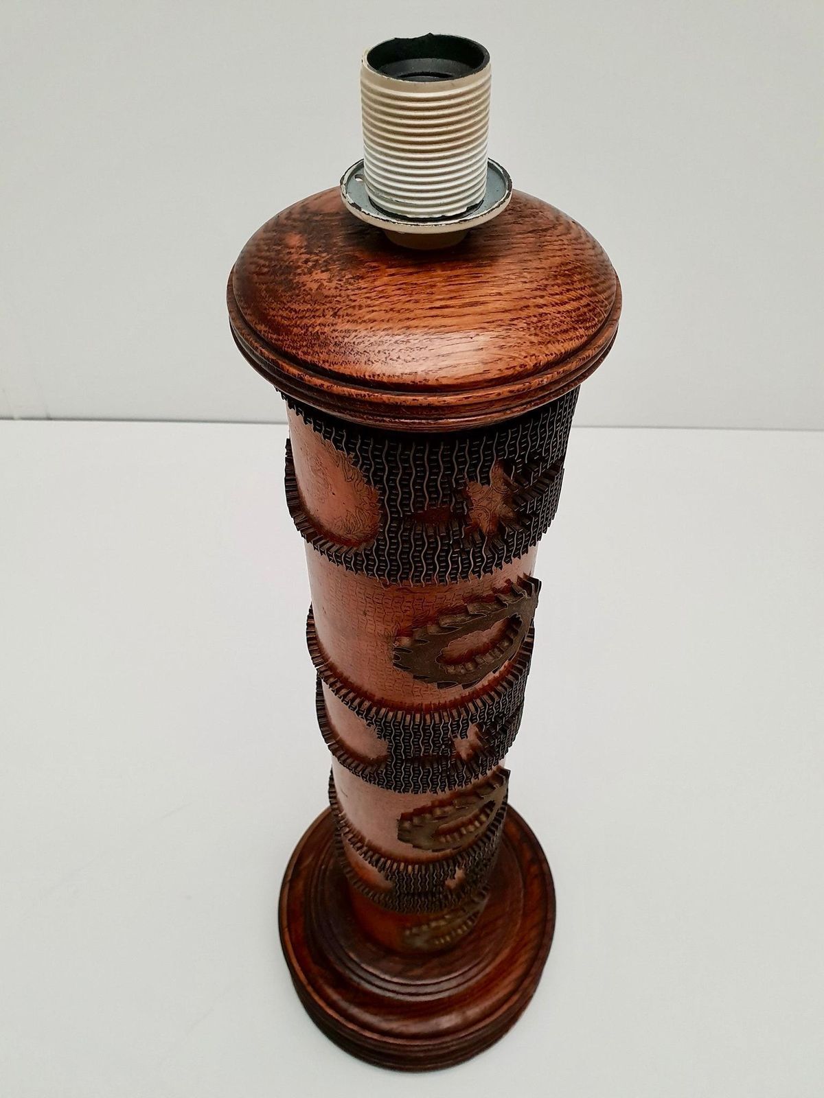 Table Lamp In Wood And Brass Made From An Old Stamp photo vinterior