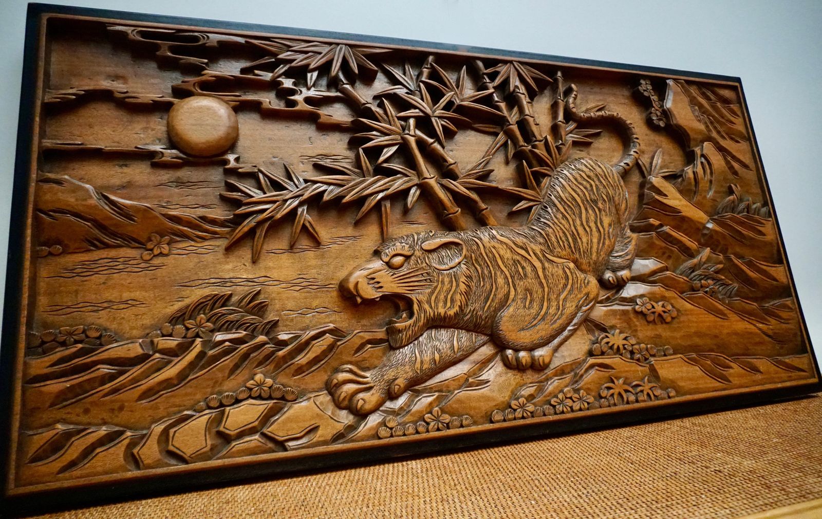 Chinese Carved Wood Wall Art From A Hunting Tiger photo furniture