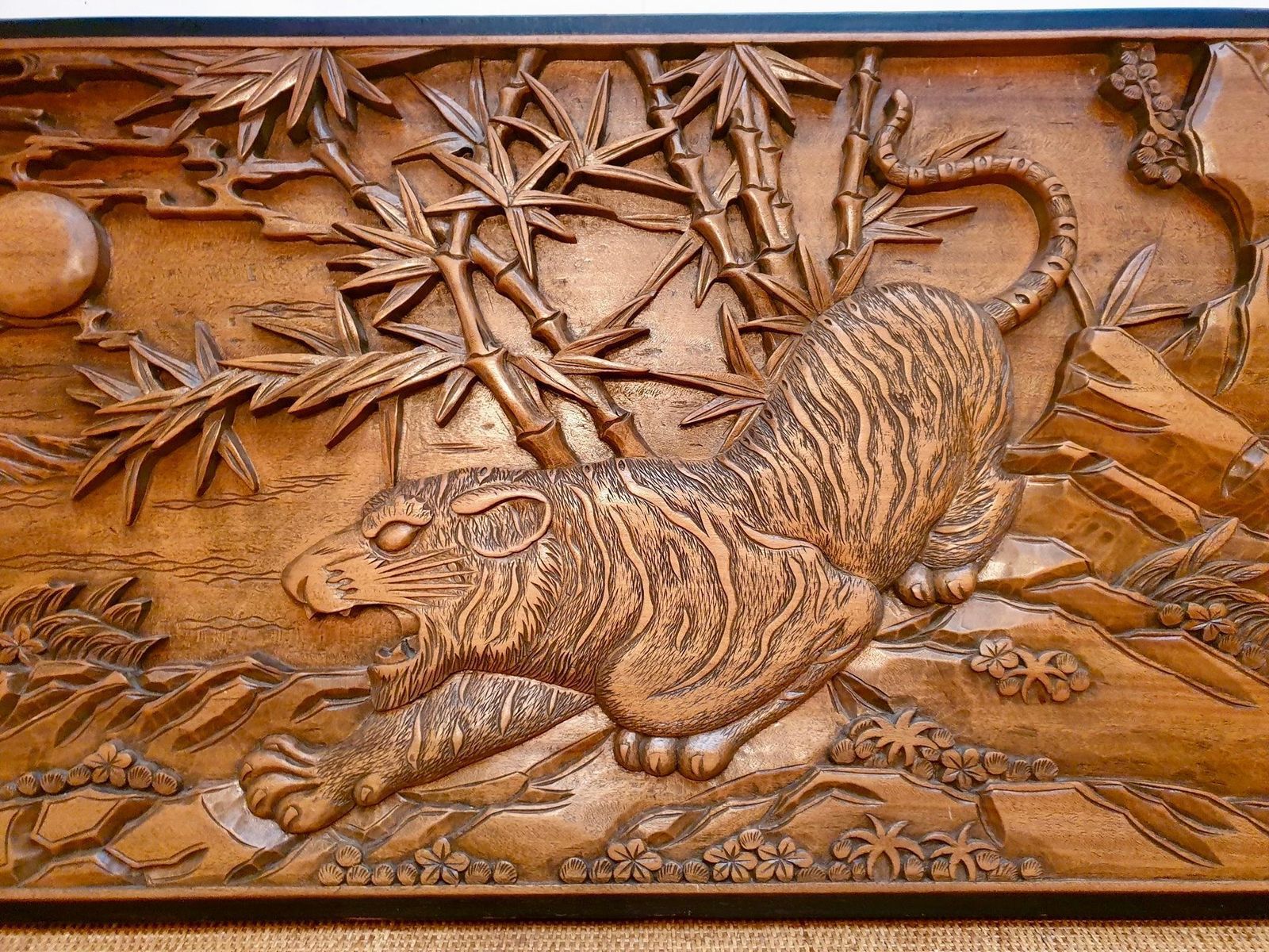 photo for sale Chinese Carved Wood Wall Art From A Hunting Tiger