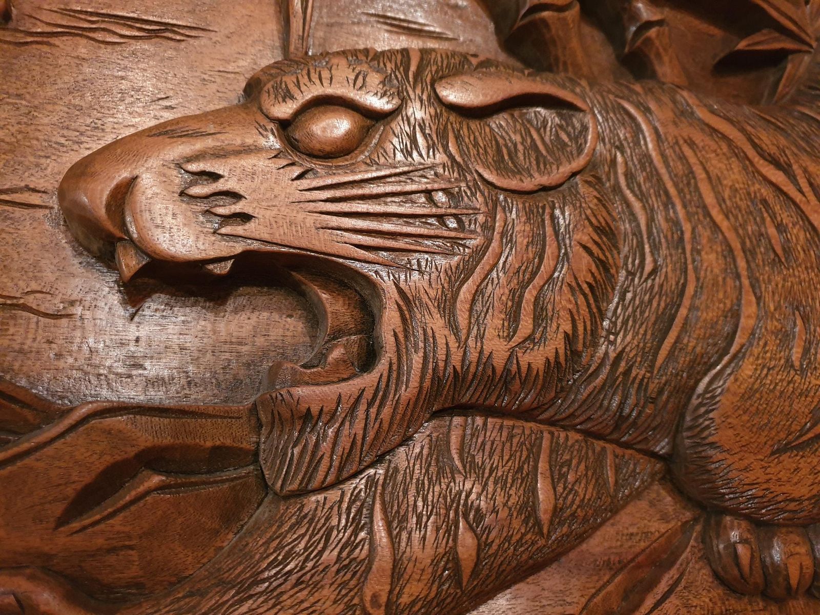 photo vintage Chinese Carved Wood Wall Art From A Hunting Tiger