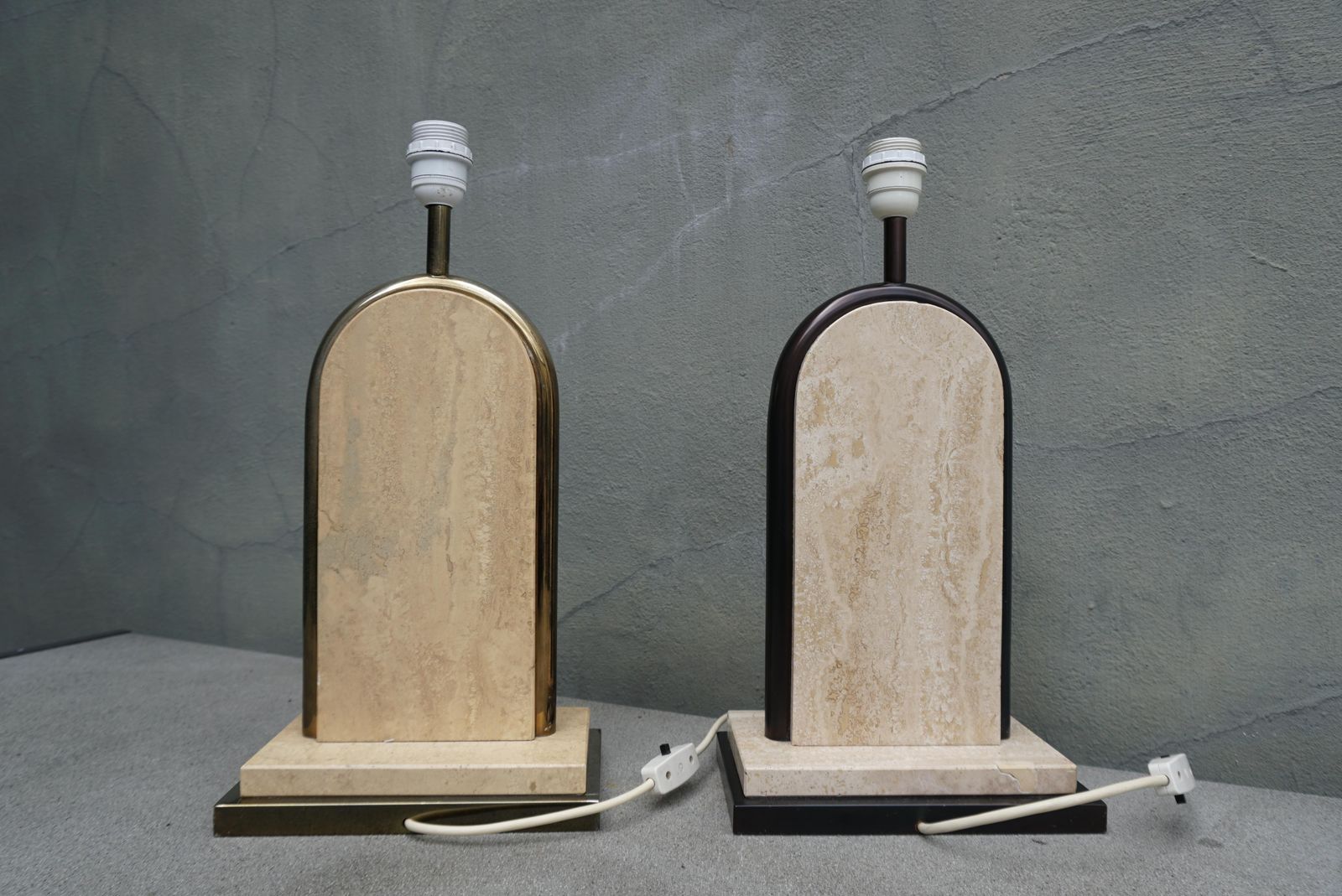 Pair Of Belgian Beige Travertine And Gilt Metal Table Lamps, Belgium 1970's photo vinterior