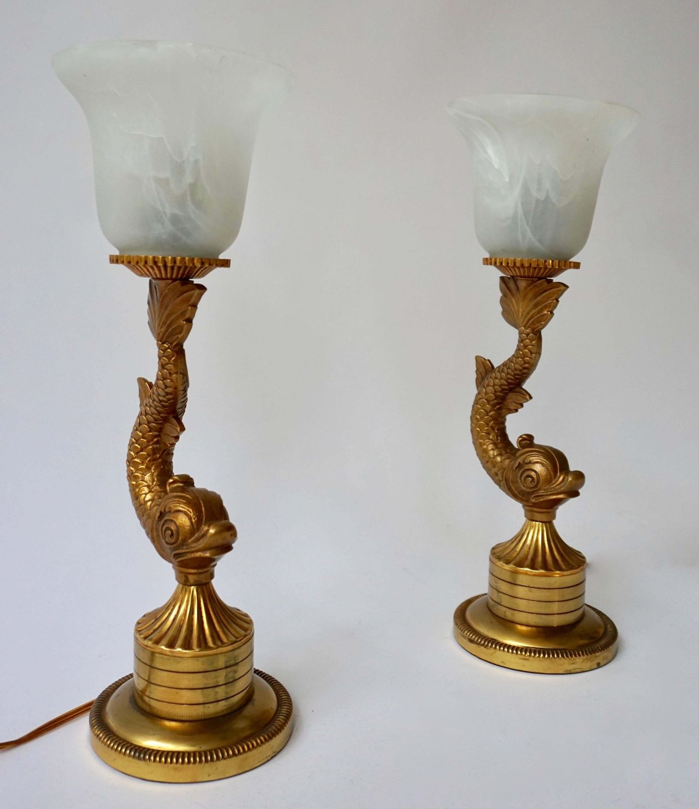 Pair Of 1950s Stylized Japanese Design Dragon Serpentine Koi Fish Table Lamps photo for sale