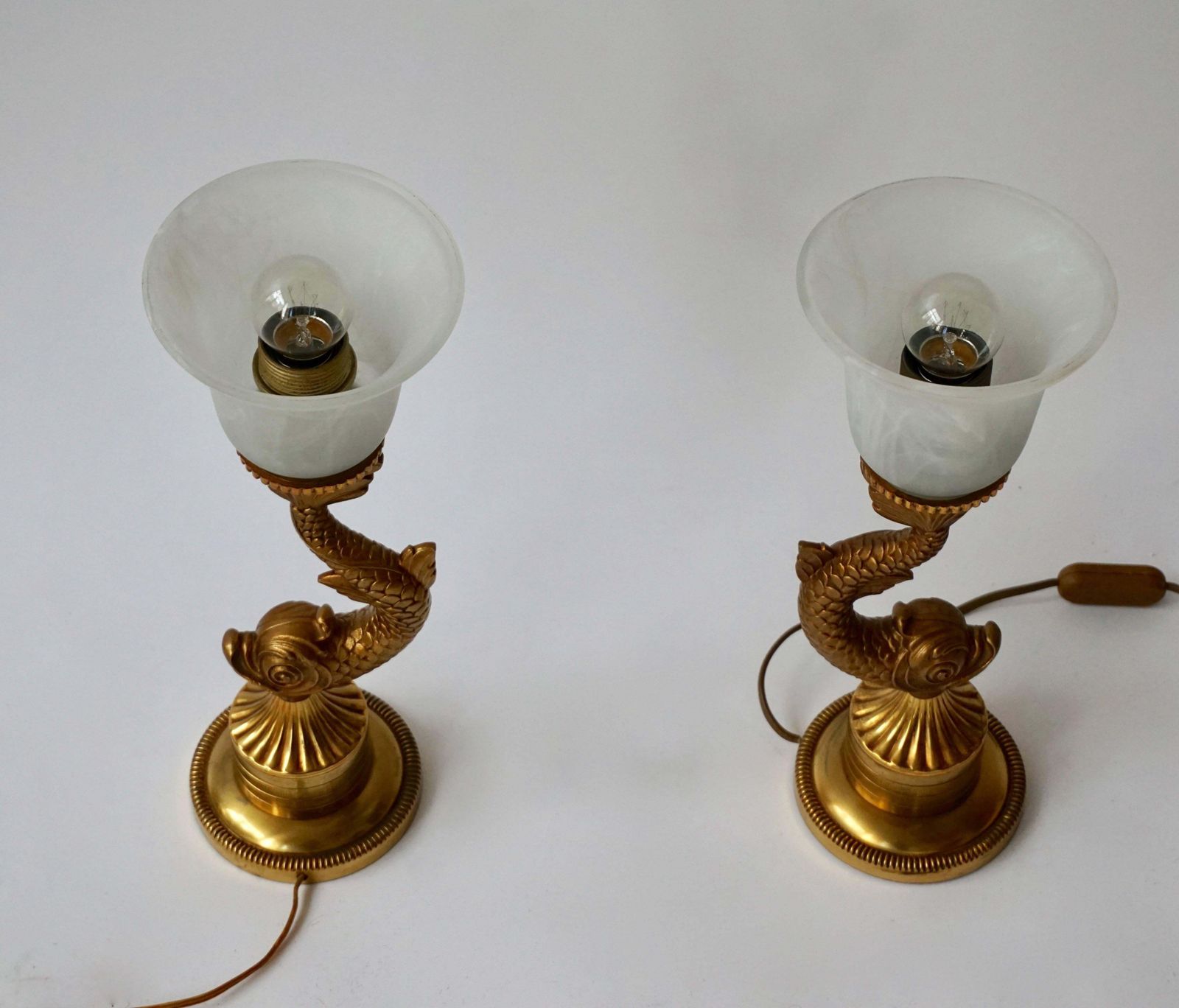 Pair Of 1950s Stylized Japanese Design Dragon Serpentine Koi Fish Table Lamps photo vinterior