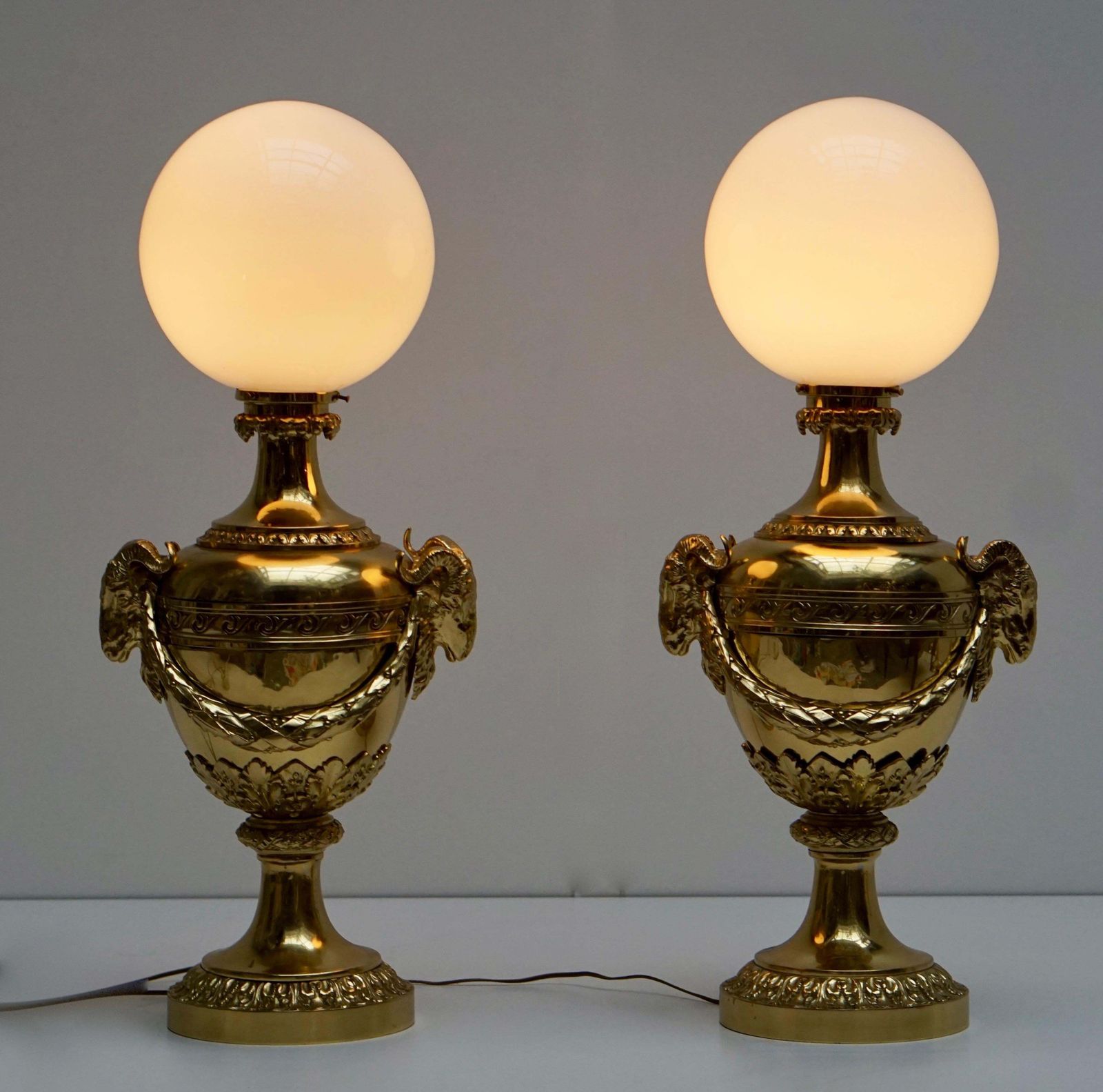 Pair Of Mid 20th Century Hollywood Regency Rams Head Urn Lamps photo furniture